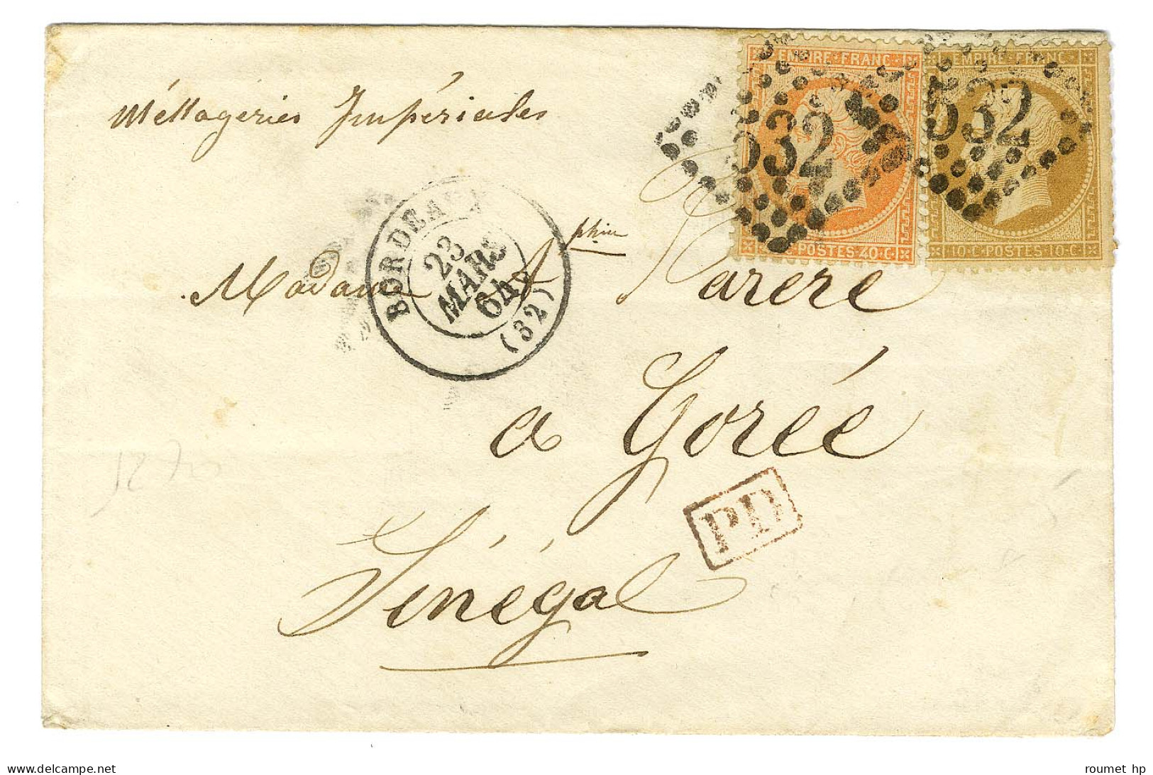 GC 532 / N° 21 + 23 Càd T 15 BORDEAUX (32) Sur Lettre Pour Gorée (Sénégal) Par Les Messageries Impériales. 1864. - TB /  - 1862 Napoleon III