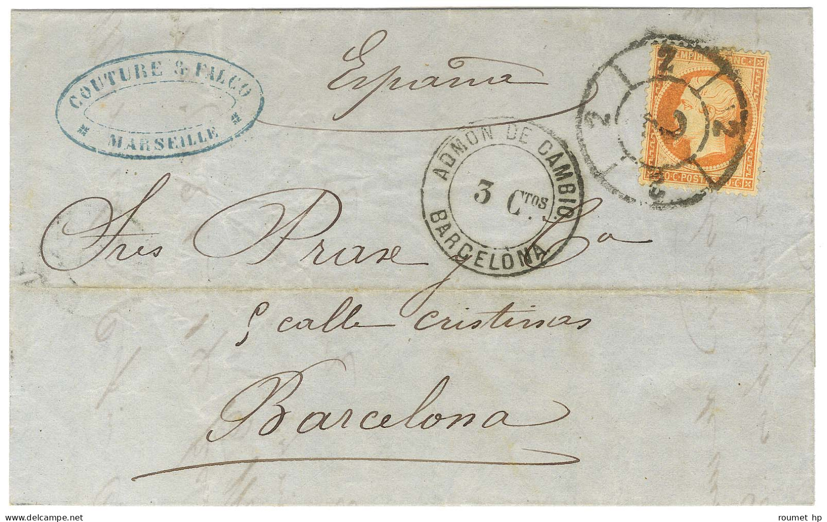 Oblitération Roue De Charrette / N° 23 à Côté Cachet ADMON. DE CAMBIO / 3Ctos / BARCELONA Sur Lettre De Marseille Pour B - 1862 Napoléon III.