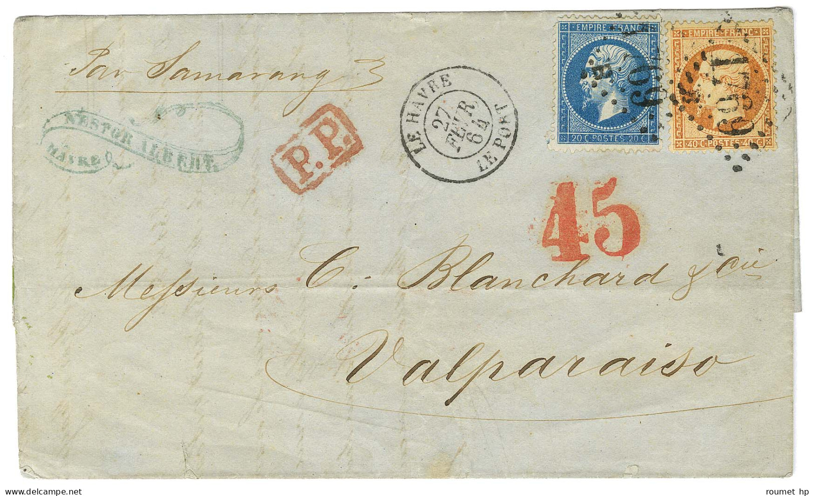 GC 1769 / N° 22 + 23 Càd LE HAVRE / LE PORT Sur Lettre 2 Ports Au Tarif Des Bâtiments De Commerce Pour Valparaiso. Au Re - 1862 Napoleon III