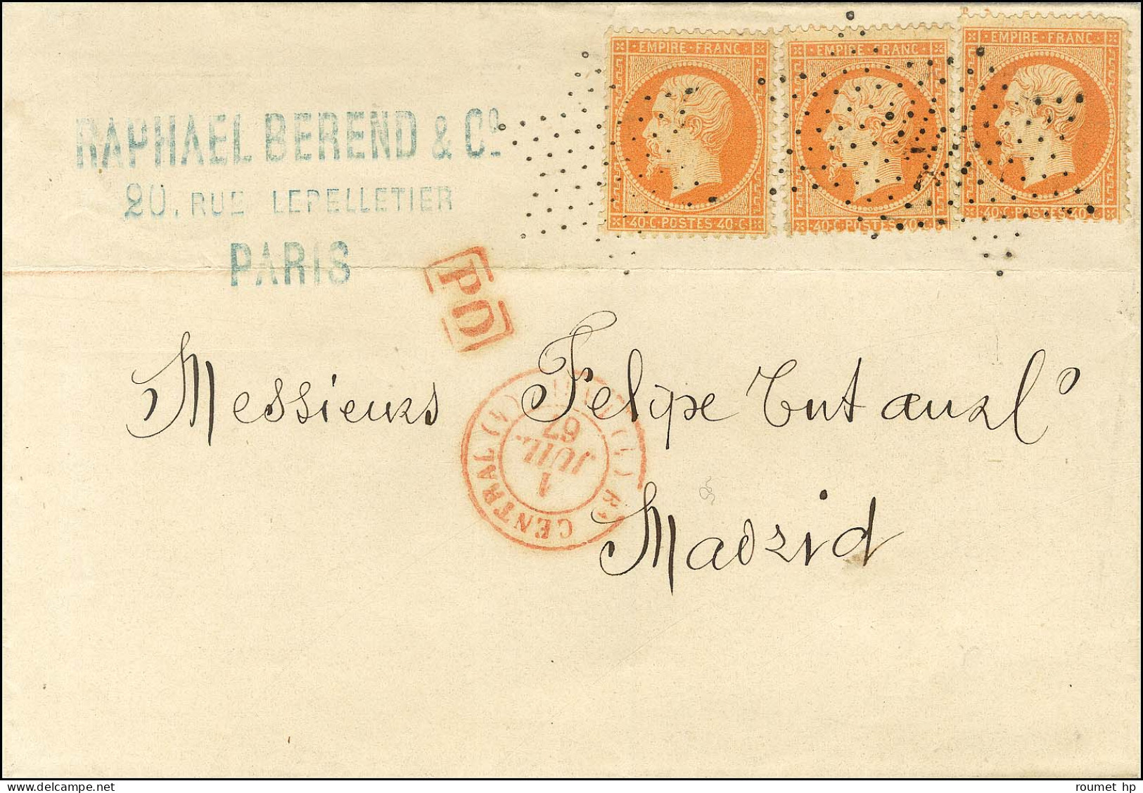 Etoile / N° 23 Orange Vif (3) Càd (4) Bau CENTRAL (4) / PARIS Sur Lettre 3 Ports Pour Madrid. 1867. - SUP. - R. - 1862 Napoléon III