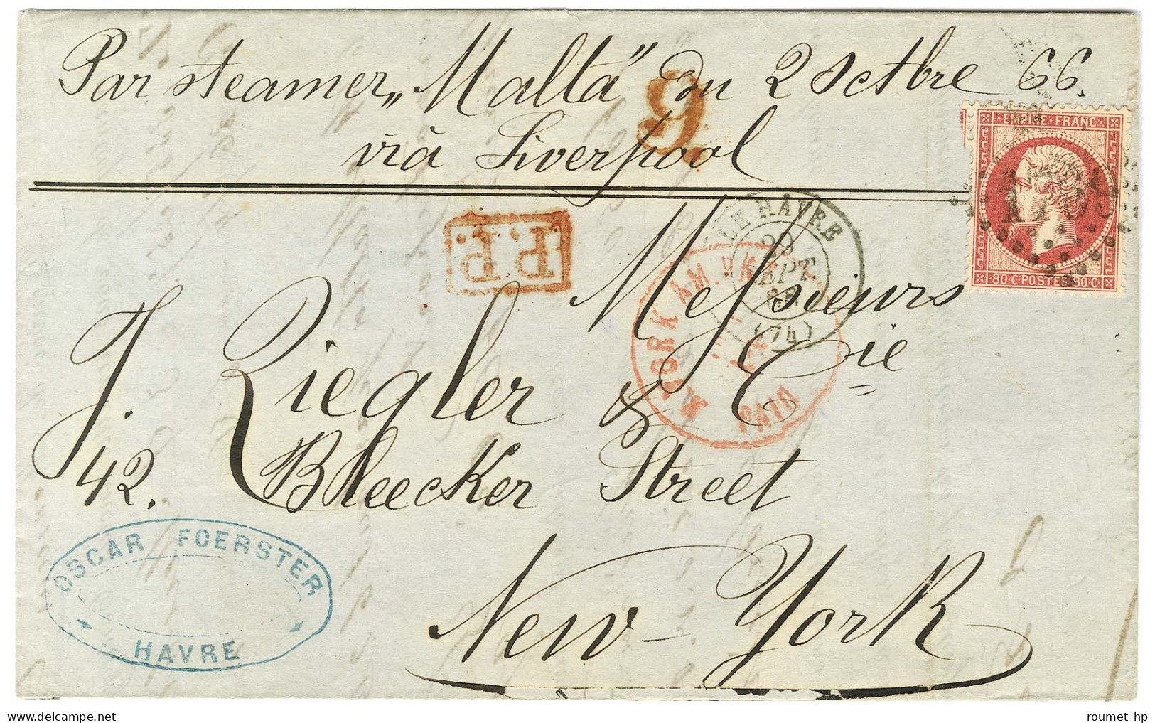 GC 1769 / N° 24 Càd LE HAVRE (74) Sur Lettre Pour New York. Au Recto, Taxe Tampon 9 Rouge Pour La Redevance Due Par La F - 1862 Napoleon III