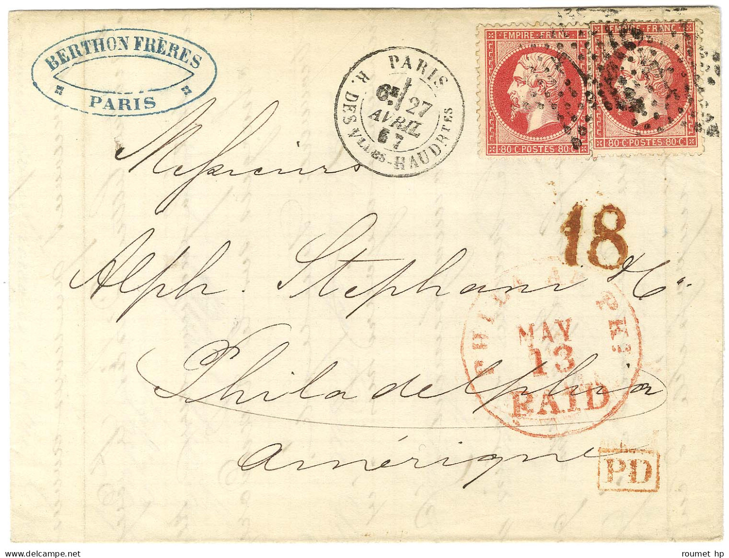 Etoile 7 / N° 24 Rose Vif (2) Càd PARIS / R. DES Vlles HAUDRtes Sur Lettre Pour Philadelphie. Au Recto, Taxe Tampon 18 R - 1862 Napoléon III.