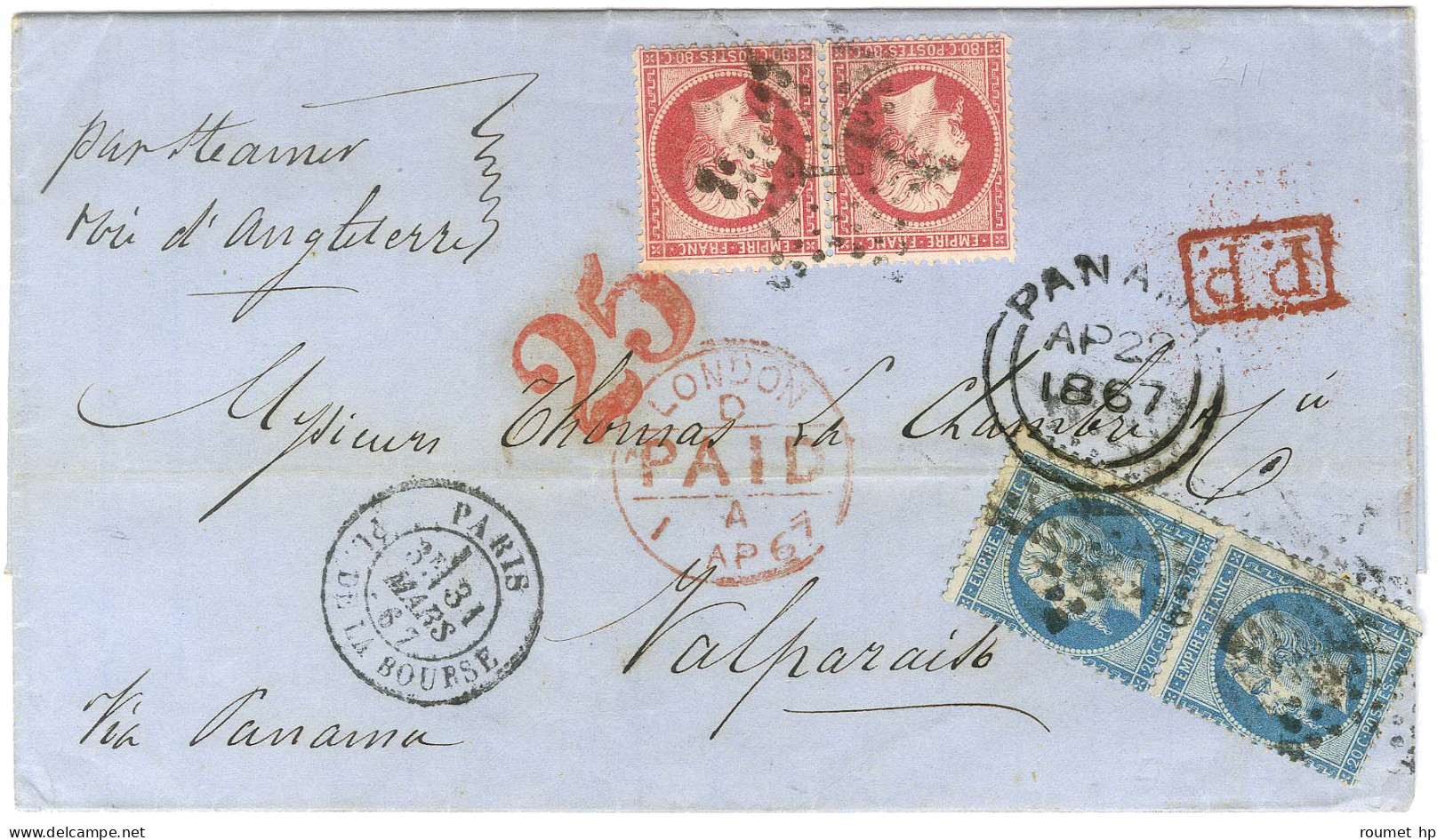 Etoile 1 / N° 22 Paire (1 Ex Infime Froissure) + 24 Paire Càd PARIS / PL. DE LA BOURSE Sur Lettre Pour Valparaiso. Au Re - 1862 Napoléon III