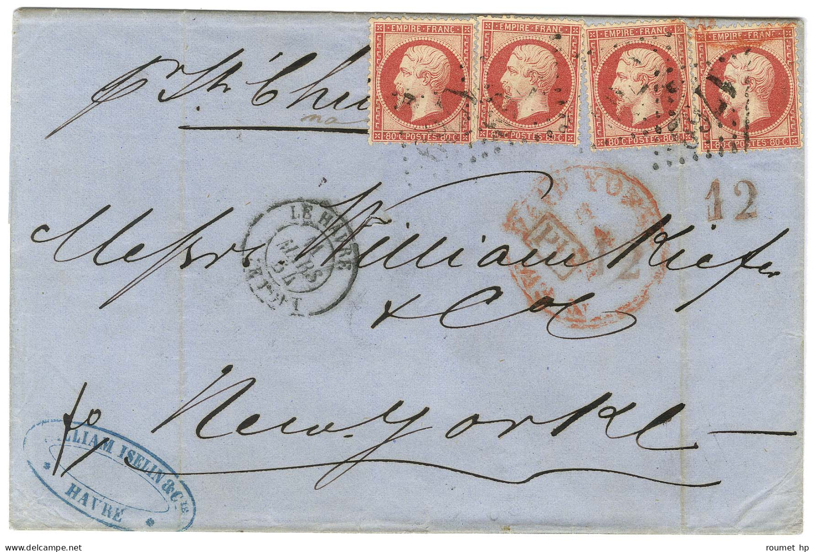 GC 1769 / N° 24 (4) Càd LE HAVRE / LE PORT Sur Lettre Pour New York. Au Recto, Taxe Tampon 12 Rouge Pour La Redevance Du - 1862 Napoléon III