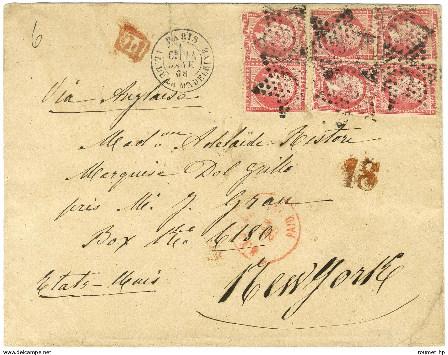 Etoile 3 / N° 24 (6) Càd PARIS / PL. DE LA MADELEINE Sur Lettre Pour New York. Au Recto, Taxe Tampon 18 Rouge Pour La Re - 1862 Napoléon III