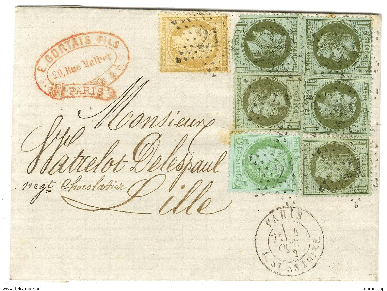 Etoile 21 / N° 25 (5 Dont 1 Ex Def) + 53 + 59 Càd PARIS / R. ST ANTOINE Sur Lettre Pour Lille. 1872. - TB. - R. - 1863-1870 Napoleon III With Laurels