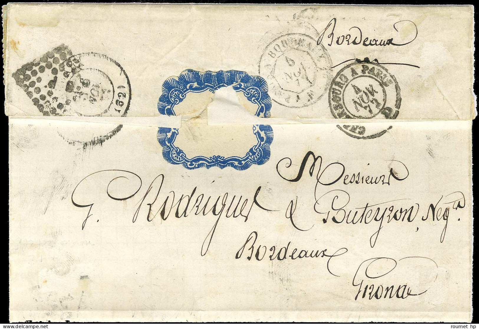 Losange CP / N° 25 (24) + N° 11 (1c Non Dentelé) Sur Lettre De Carentan Pour Bordeaux. Au Verso, Càd CHERBOURG A PARIS 4 - 1863-1870 Napoléon III. Laure