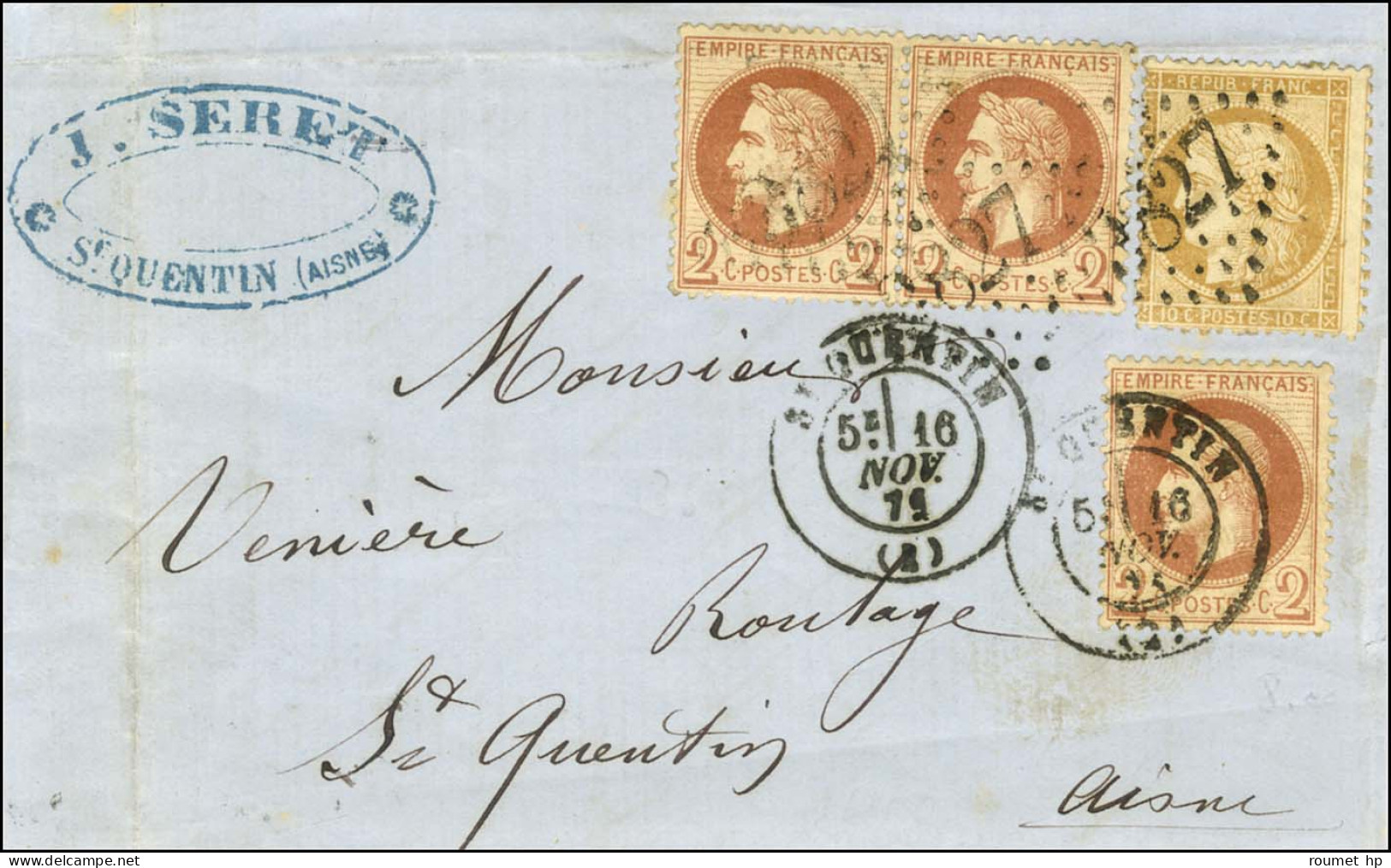 GC 3827 / N° 26 Paire + N° 36 Et Càd T 17 ST QUENTIN (2) 16 NOV. 71 / N° 26 Sur Lettre Suraffranchie à 16c Adressée Loca - 1863-1870 Napoléon III Lauré