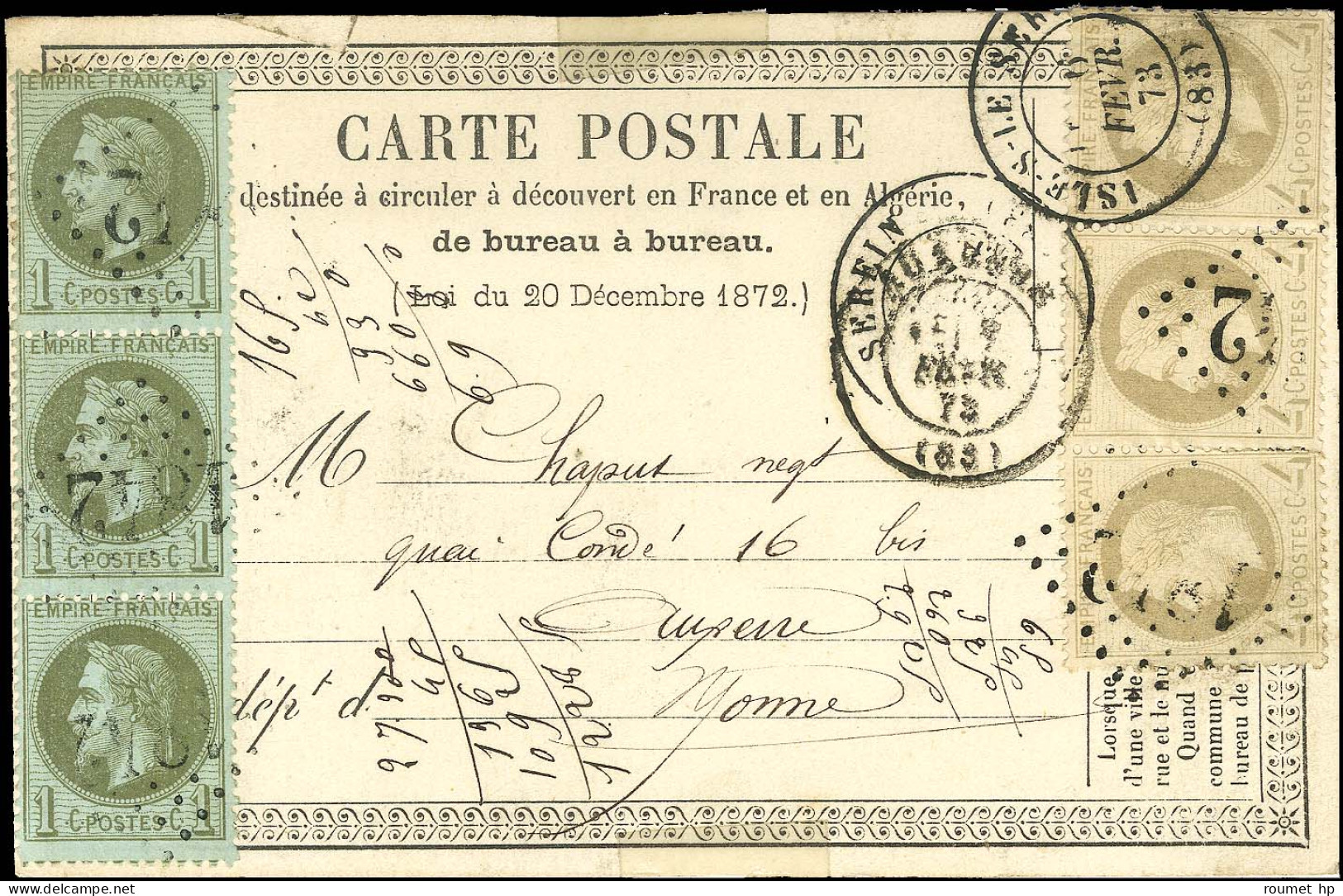 GC 1842 / N° 25 (bande De 3) + N° 27 (bande De 3) Càd T 17 ISLE-S-LE-SEREIN (83) Sur Carte Précurseur Pour Auxerre. 1873 - 1863-1870 Napoléon III. Laure