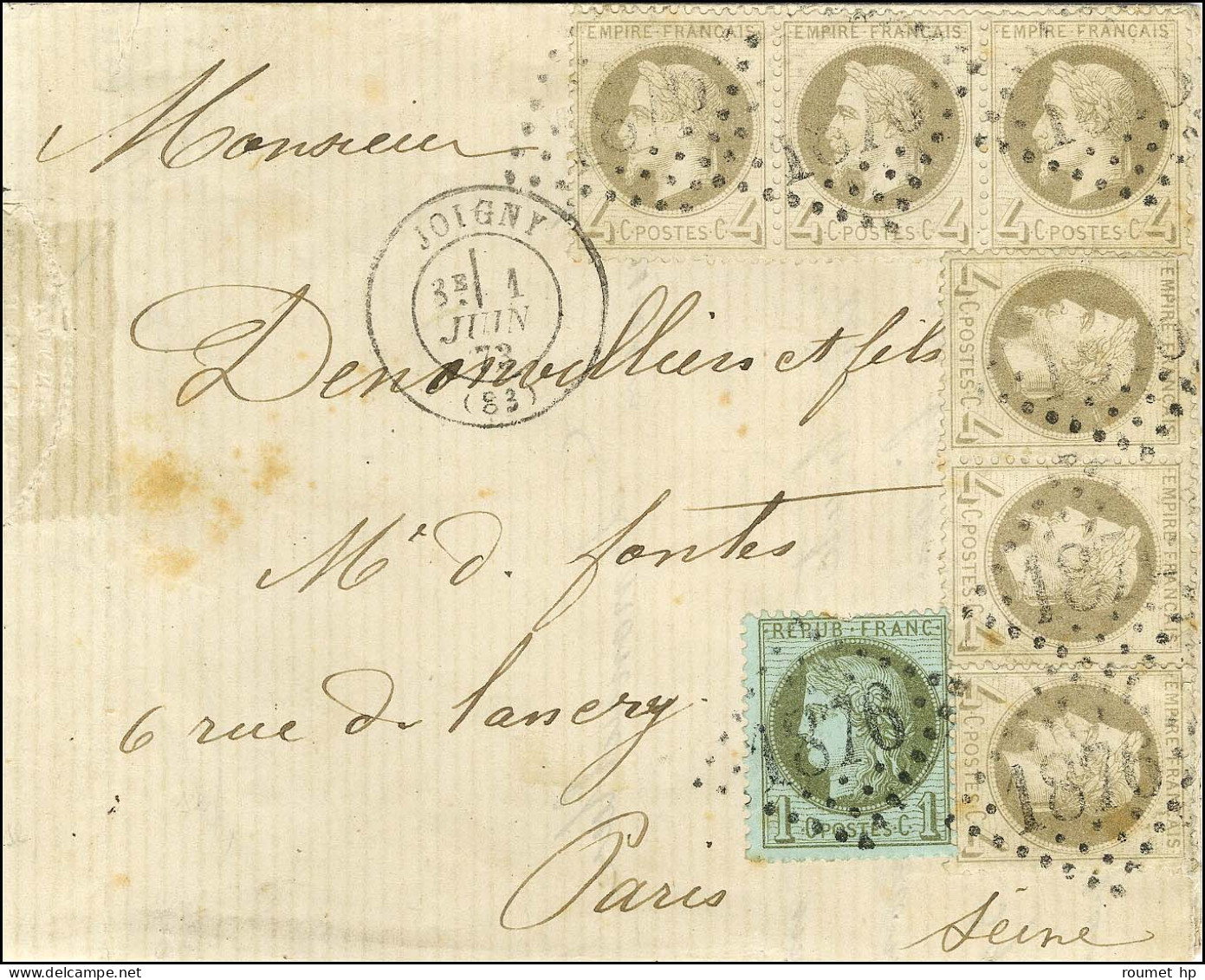 GC 1876 / N° 27 (6) + 50 (1 Dent Manquante) Càd T 17 JOIGNY (83) Sur Lettre Pour Paris. 1873. - TB / SUP. - R. - 1863-1870 Napoléon III Lauré