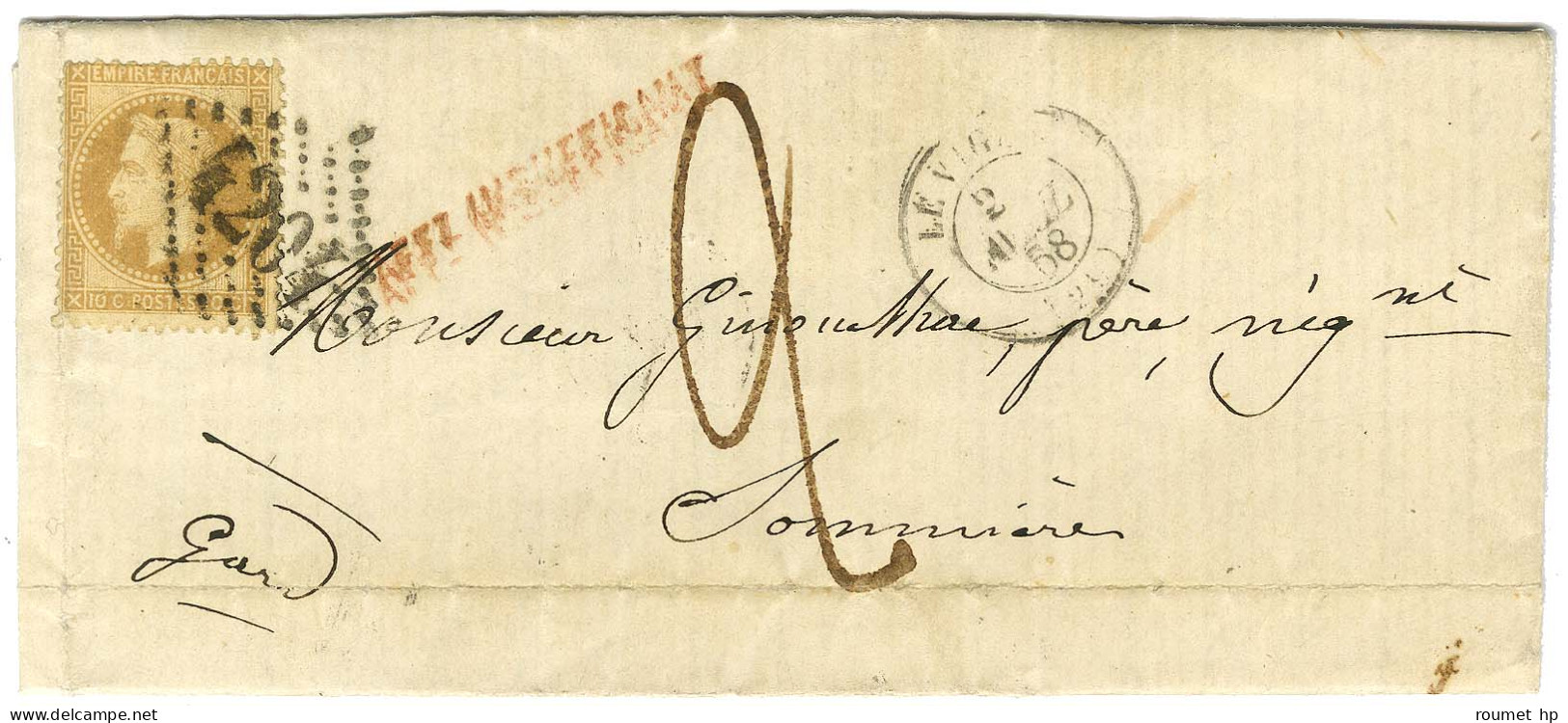 GC 4204 / N° 28 Càd T 15 LE VIGAN (29) Sur Lettre Insuffisamment Affranchie Pour Sommières, Au Recto Griffe Locale Rouge - 1863-1870 Napoléon III. Laure