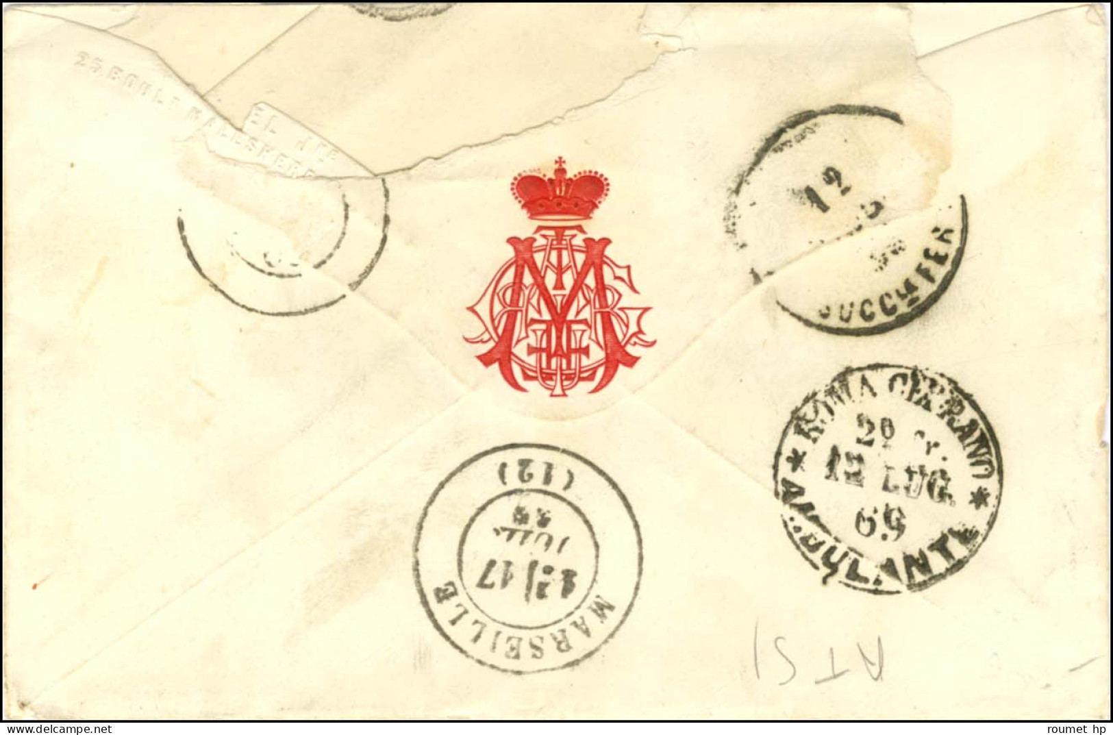 20c Italie Obl REGGIO Sur Lettre Pour Rome Réexpédiée à Marseille Puis à Paris à L'aide D'un N° 29 Obl Du GC 2240 (Marse - 1863-1870 Napoleone III Con Gli Allori