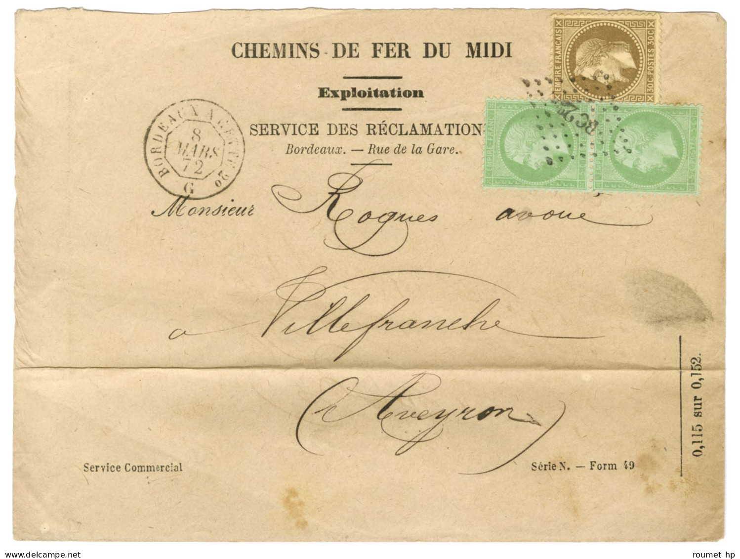 Losange BC 2e / N° 20 Paire Nuance Bleutée + 30 Càd BORDEAUX A CETTE 2e 8 MARS 72 Sur Lettre 2 Ports Pour Villefranche.  - 1863-1870 Napoleone III Con Gli Allori