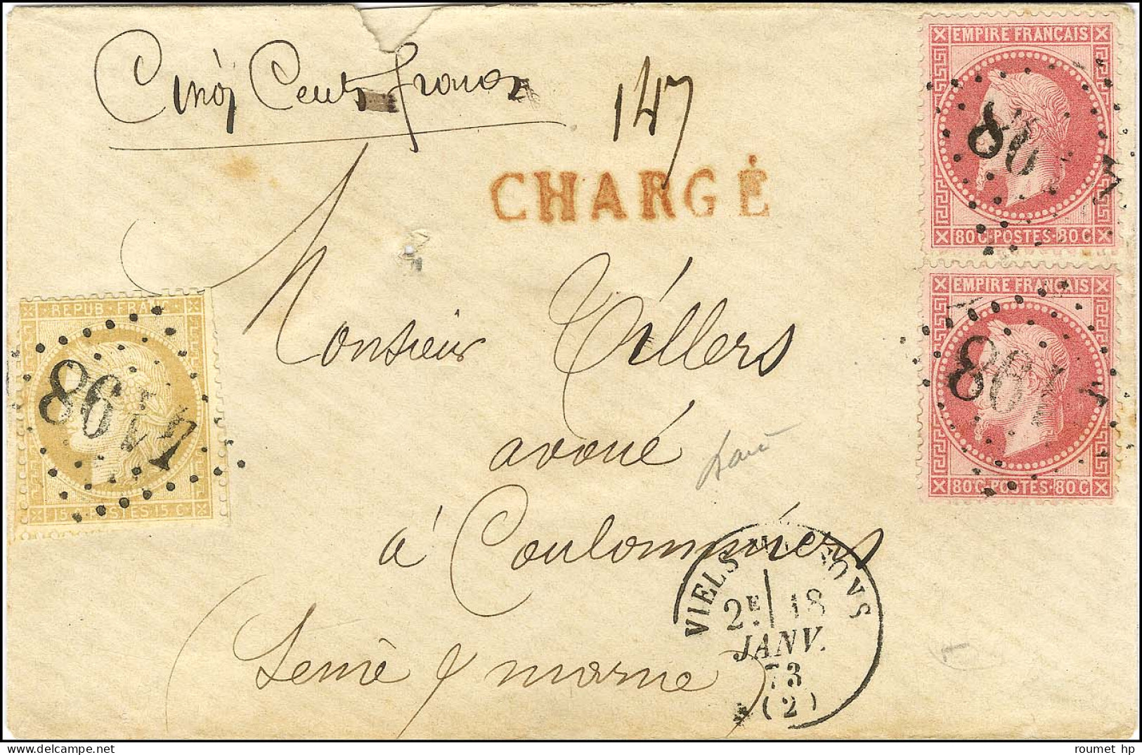 GC 4198 / N° 32 (2) + N° 59 (def) Càd T 16 VIELS-MAISON (2) Sur Lettre Chargée Pour Coulommiers. 1873. - TB. - R. - 1863-1870 Napoleone III Con Gli Allori