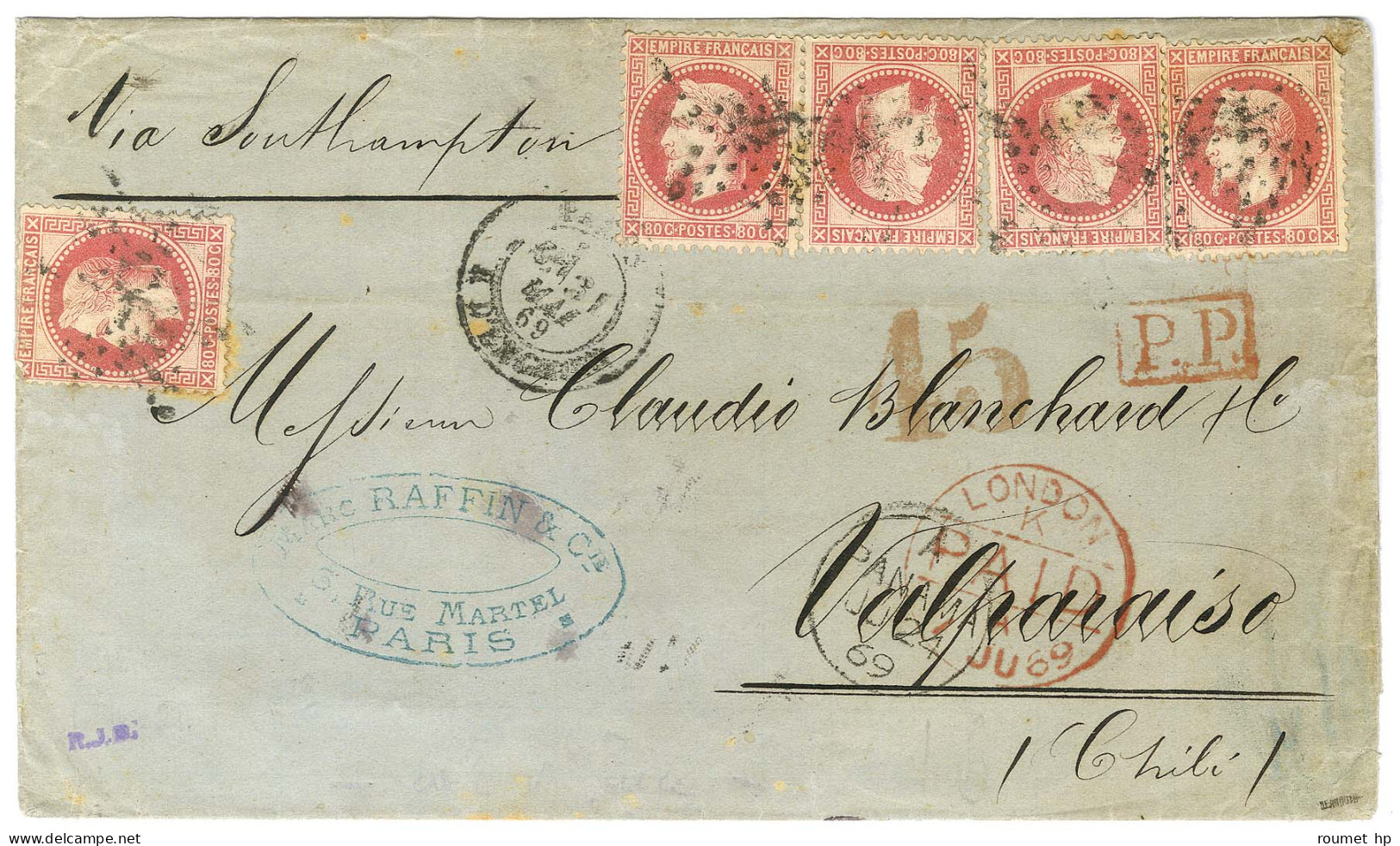 Etoile 4 / N° 32 (5) Càd PARIS / R. D'ENGHIEN Sur Lettre Pour Valparaiso. Au Recto, Càd De Passage LONDRES Et PANAMA Et  - 1863-1870 Napoléon III. Laure