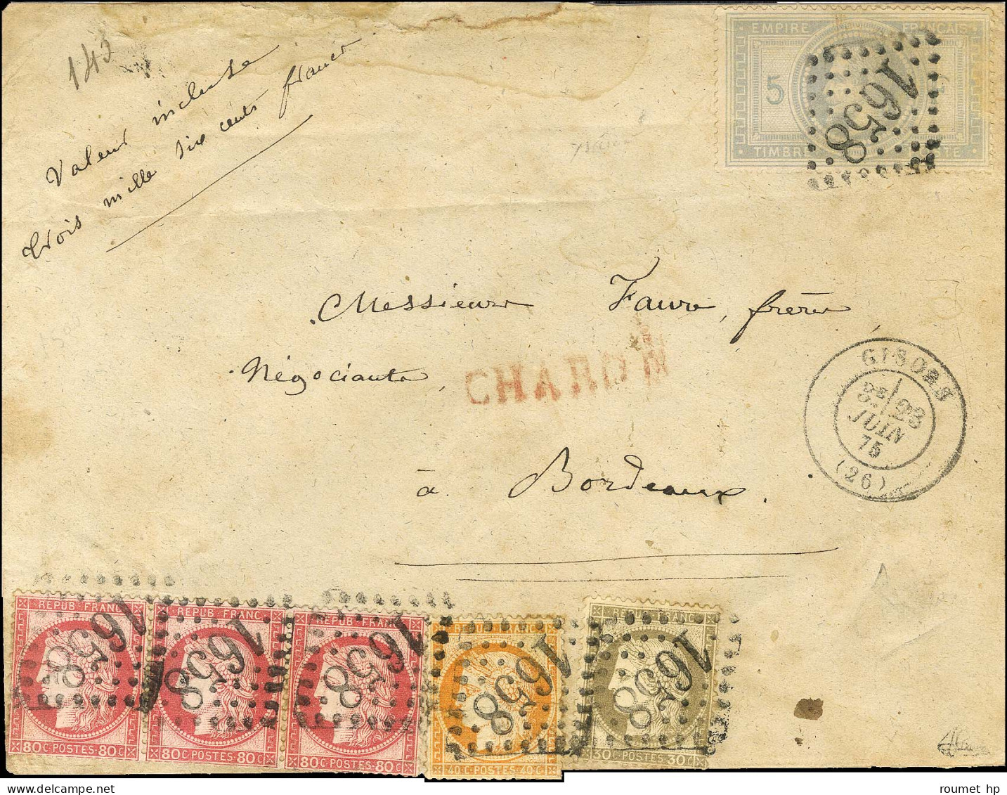 GC 1658 / N° 33 + 38 + 56 + 57 Bande De 3 Càd T 17 GISORS (26) Sur Lettre Chargée Pour Bordeaux. 1875. - TB / SUP. - R. - 1863-1870 Napoleon III With Laurels