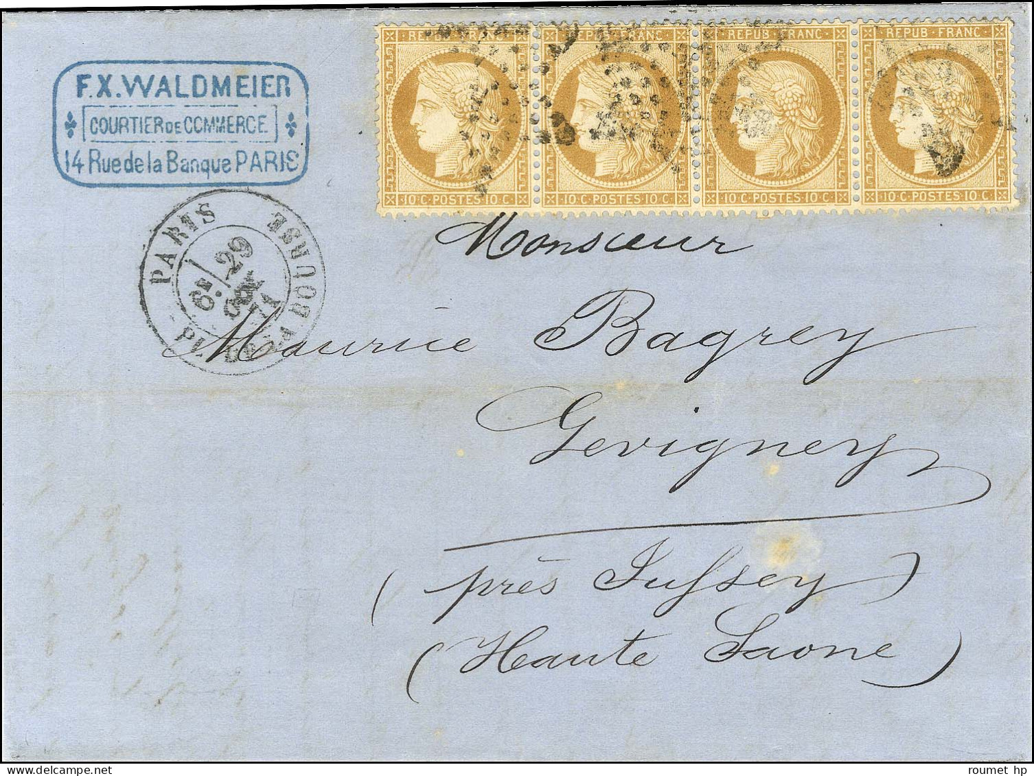 Etoile 1 / N° 36 Bande De 4, Très Bon Centrage Càd PARIS / PL. DE LA BOURSE Sur Lettre 2 Ports Pour Jussey. 1871. - TB / - 1870 Assedio Di Parigi