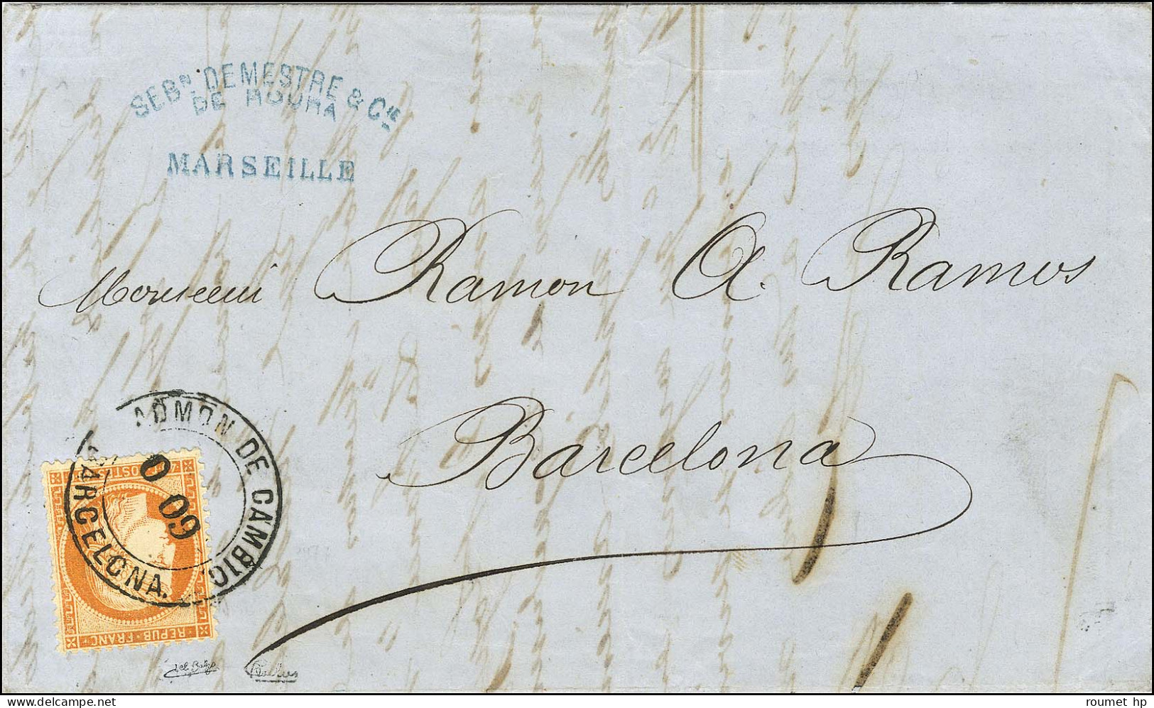 Càd ADMON DE CAMBIO / 0 09 / BARCELONA / N° 38 Sur Lettre De Marseille Pour Barcelone. 1875. - SUP. - 1870 Assedio Di Parigi