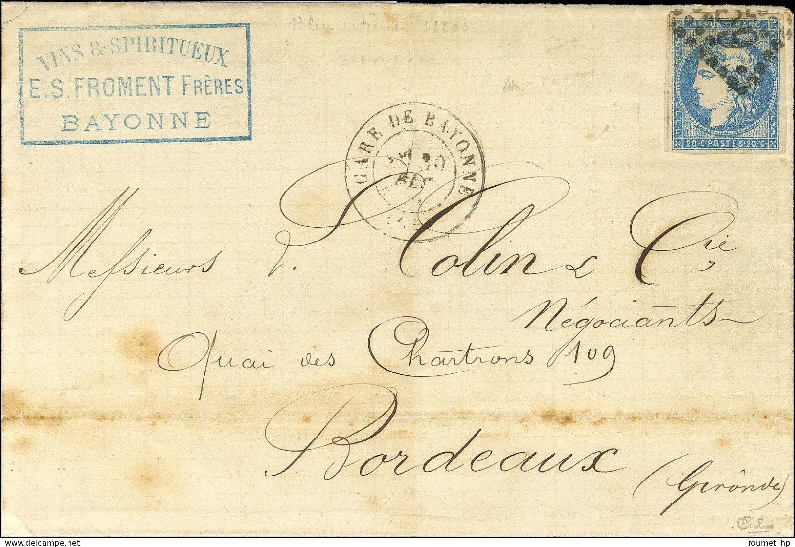 GC 359 / N° 44 Belles Marges Càd T 17 GARE DE BAYONNE (64) Sur Lettre Pour Bordeaux. 1870. - TB. - R. - 1870 Ausgabe Bordeaux