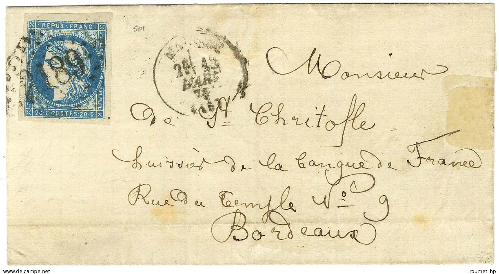 GC 2189 / N° 44 Bleu Foncé Très Belles Marges Càd T 16 MANSLE (15) Sur Lettre Pour Bordeaux. 1871. - TB. - R. - 1870 Emission De Bordeaux