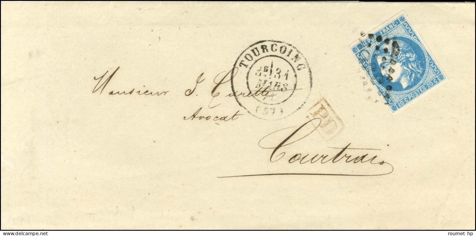 GC 3987 / N° 46 Filet Effleuré Càd T 17 TOURCOING (57) Sur Lettre Adressée Au Tarif Frontalier Pour Courtrai. 1871. - TB - 1870 Emission De Bordeaux