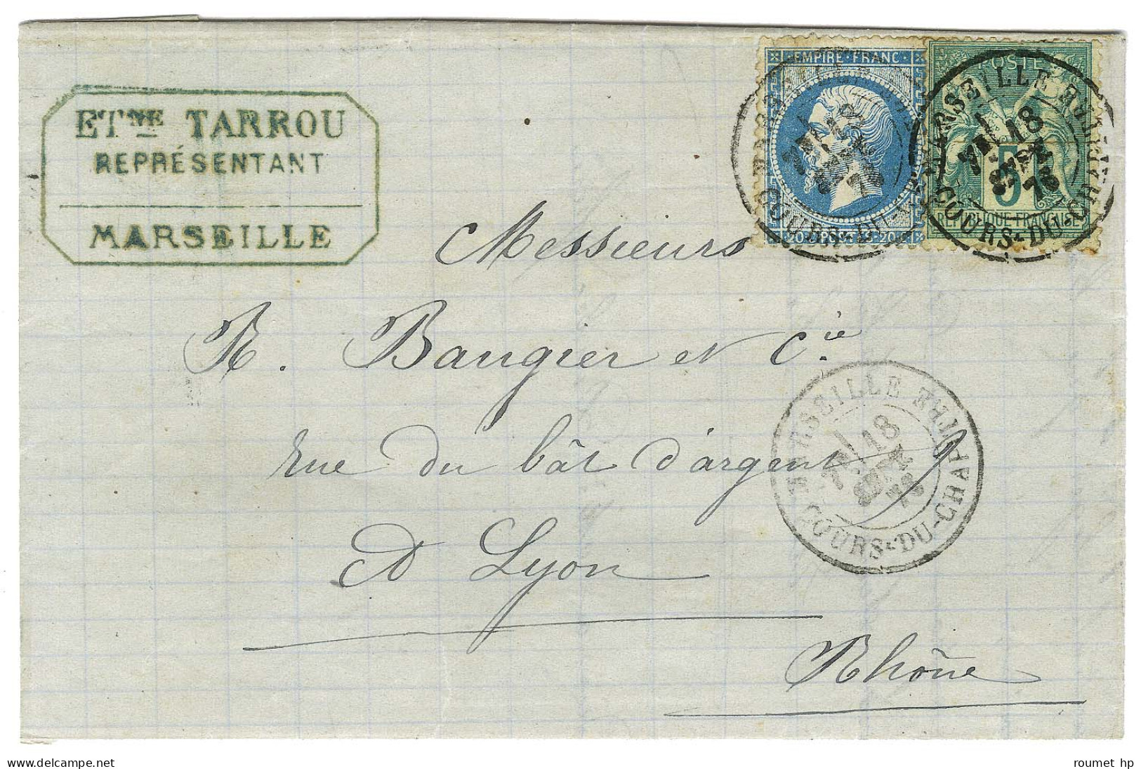 Càd MARSEILLE / COURS DU CHAPITRE / N° 64 + 22 Sur Lettre Pour Lyon. 1876. - TB / SUP. - 1876-1878 Sage (Type I)