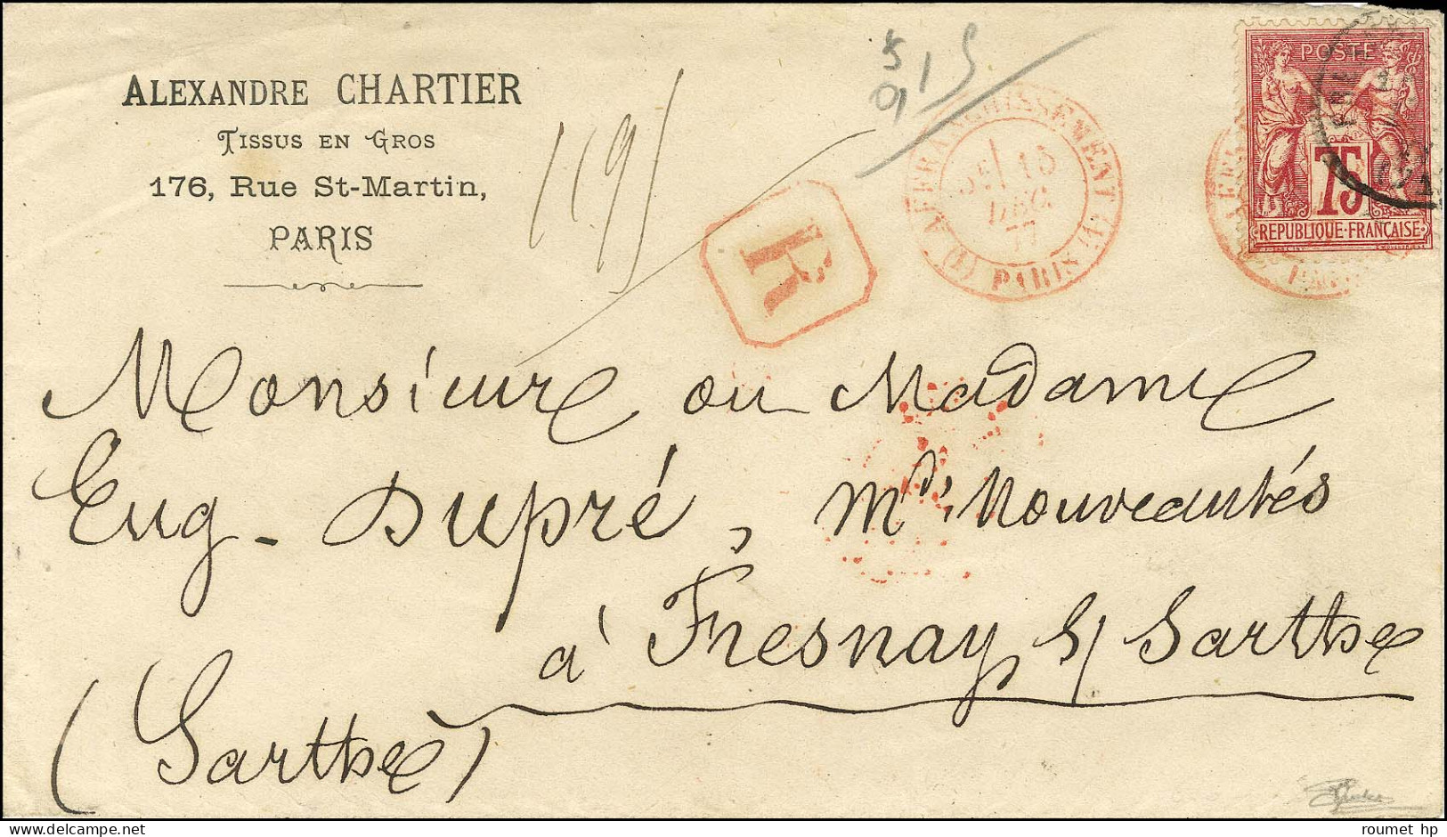 Càd Rouge (1) AFFRANCHISSEMENT (1) / PARIS / N° 71 Sur Lettre Recommandée Pour Fresnay Sur Sarthe. 1877. - TB / SUP. - R - 1876-1878 Sage (Type I)