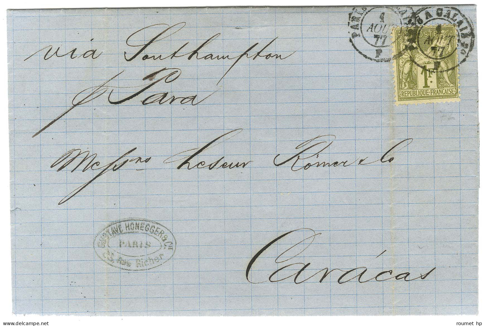 Càd PARIS A CALAIS 2e / N° 72 Sur Lettre Avec Texte Daté De Paris Pour Caracas. 1877. - SUP. - 1876-1878 Sage (Type I)