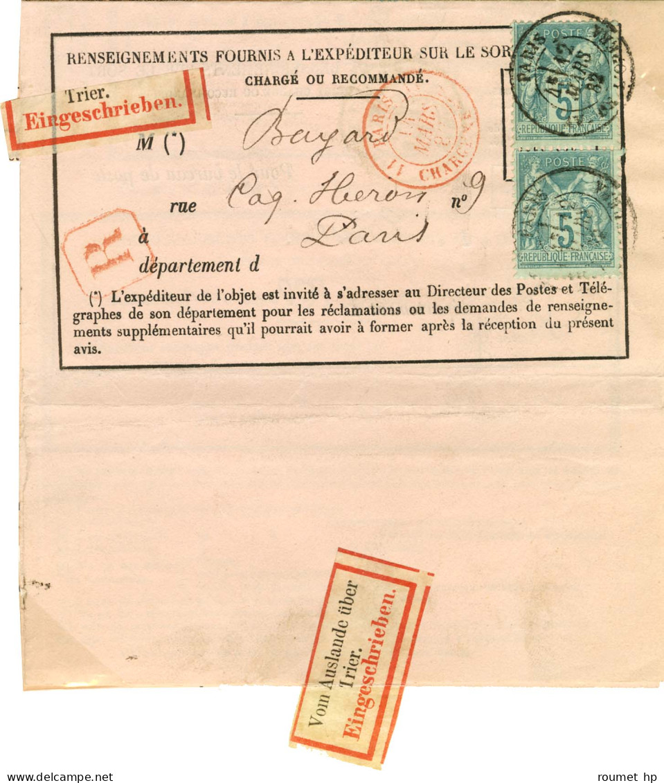 Càd PARIS / AV. DE L'OPERA / N° 75 (2) Sur Avis De Réception (formule 103) Pour Trèves. Au Recto Et Au Verso, étiquette  - 1876-1878 Sage (Type I)