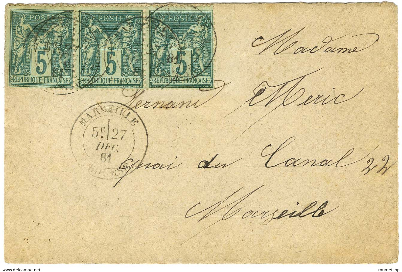 Càd T 18 MARSEILLE / BOURSE / N° 75 Bande De 3 Sur Lettre Locale. Au Verso, Griffe Bleue Encadrée PURIFIE / FRIOUL. 1881 - 1876-1878 Sage (Type I)