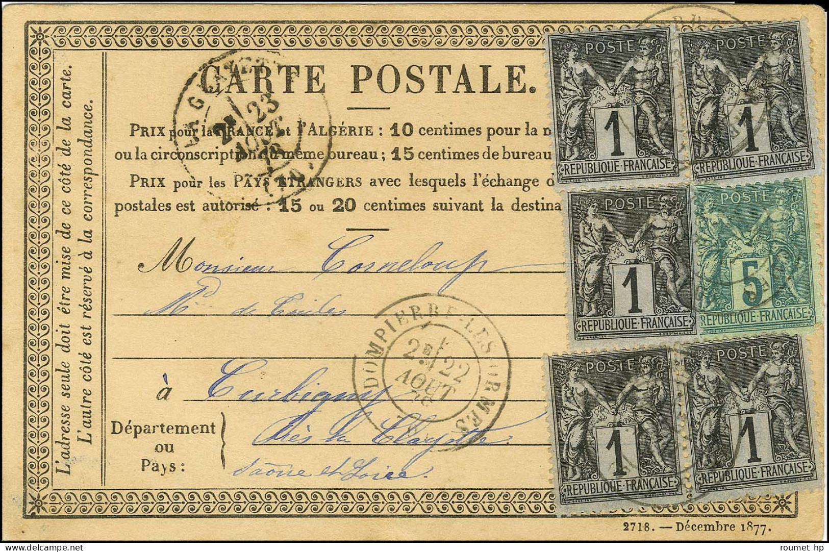 Càd DOMPIERRE-LES-ORMES (70) / N° 75 + N° 83 (5) Sur Carte Postale Locale Adressée à La Clayette. 1878. - TB / SUP. - R. - 1876-1878 Sage (Type I)