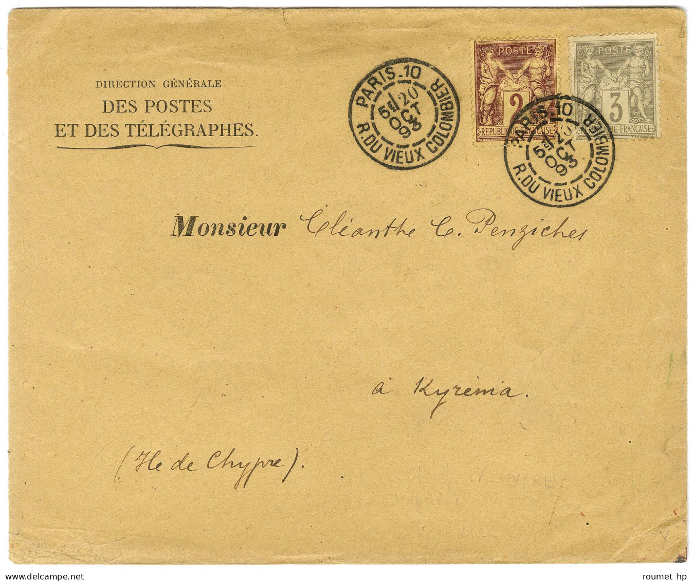 Càd PARIS 10 / R. DU VIEUX COLOMBIER / N° 85 + 87 Sur Enveloppe Pour Chypre. Au Verso, Càd D'arrivée. 1893. - TB / SUP.  - 1876-1878 Sage (Type I)