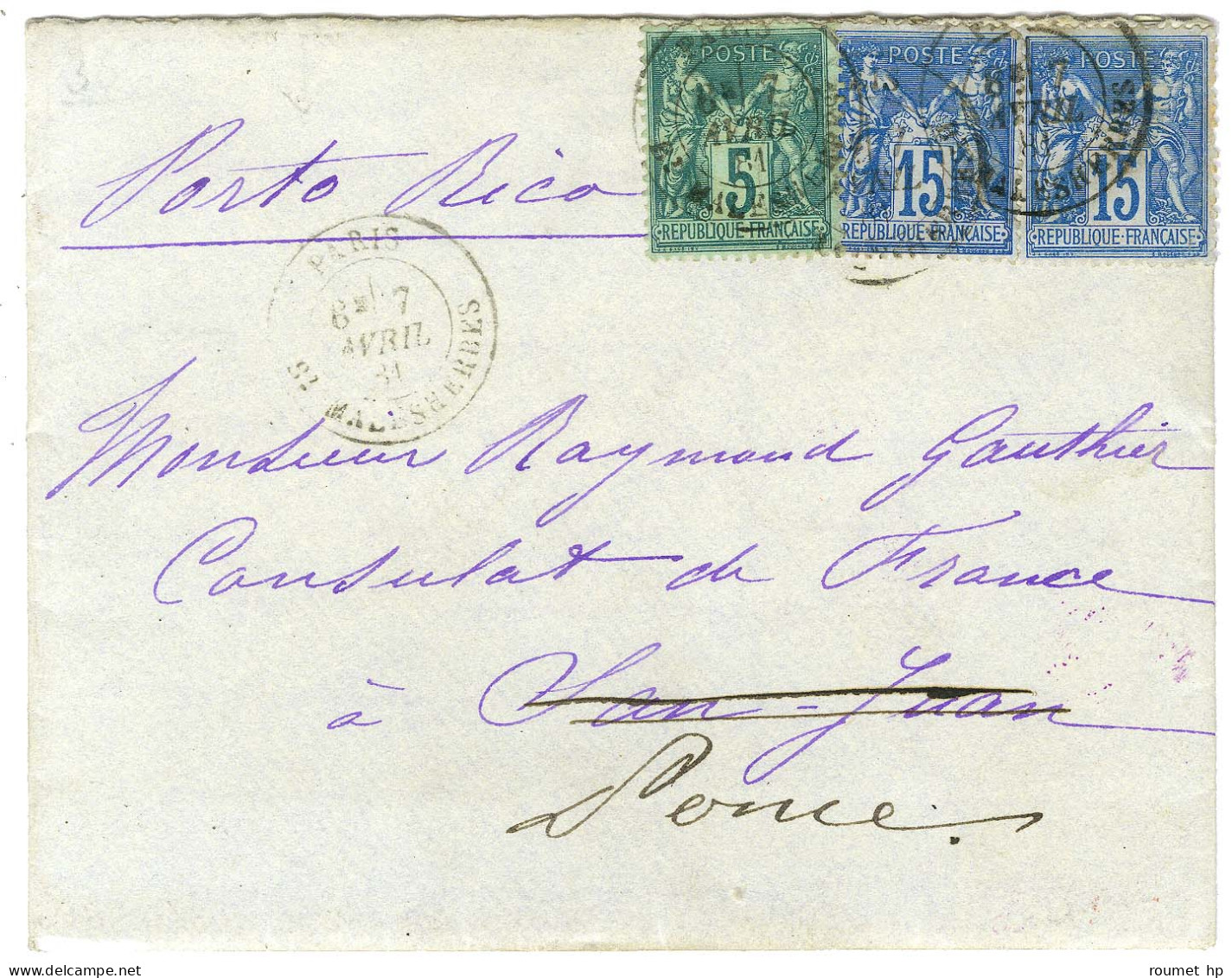 Càd PARIS / BT MALESHERBES / N° 75 + 90 (2) Sur Lettre Pour San Juan De Porto Rico Réexpédiée à Ponce. Au Verso, Càd D'a - 1876-1878 Sage (Tipo I)