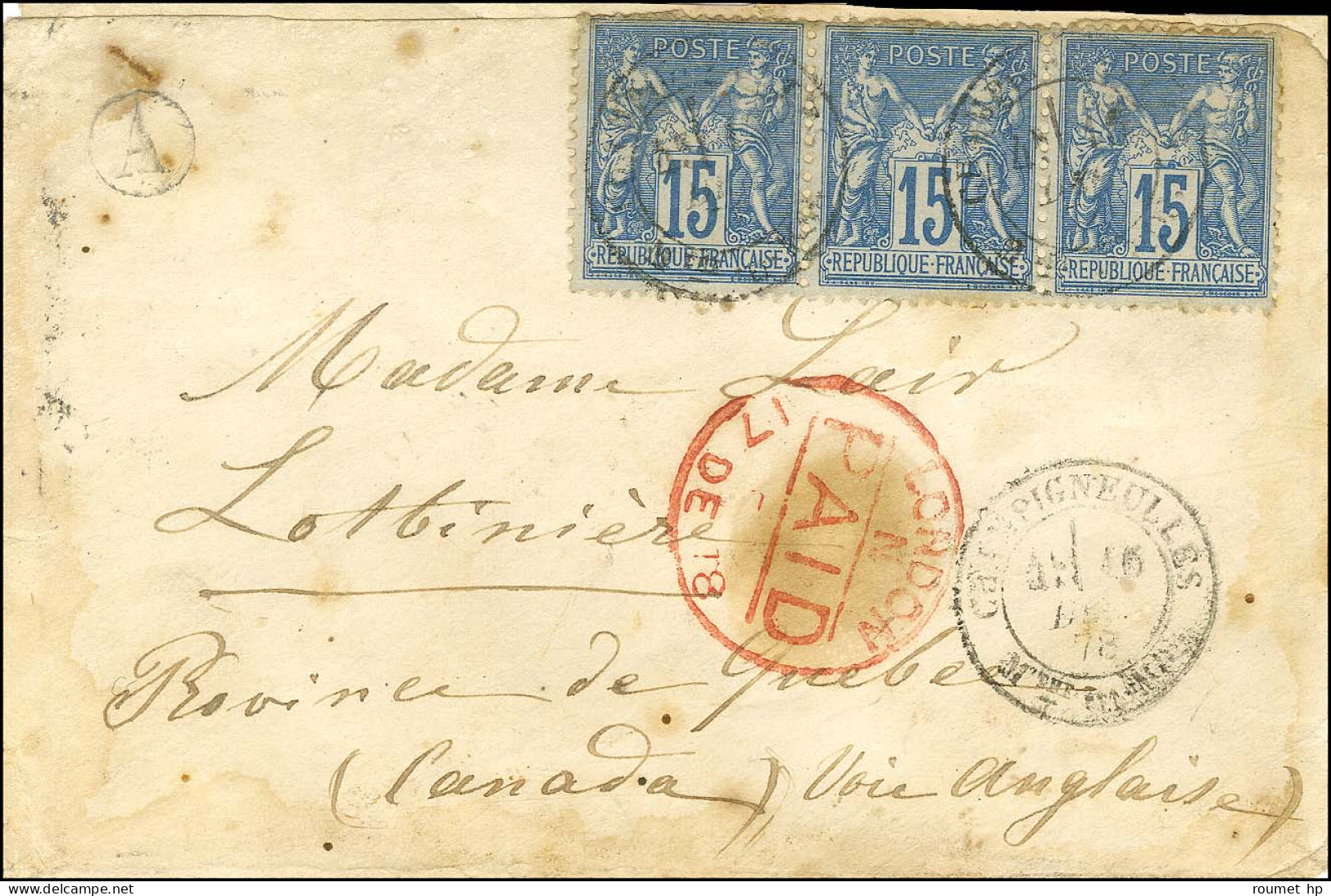 Càd T 18 CHAMPIGNEULLES / Mthe ET MOSle / N° 90 Bande 3 Sur Lettre Pour La Province De Québec. Au Verso, Càd D'arrivée.  - 1876-1878 Sage (Type I)