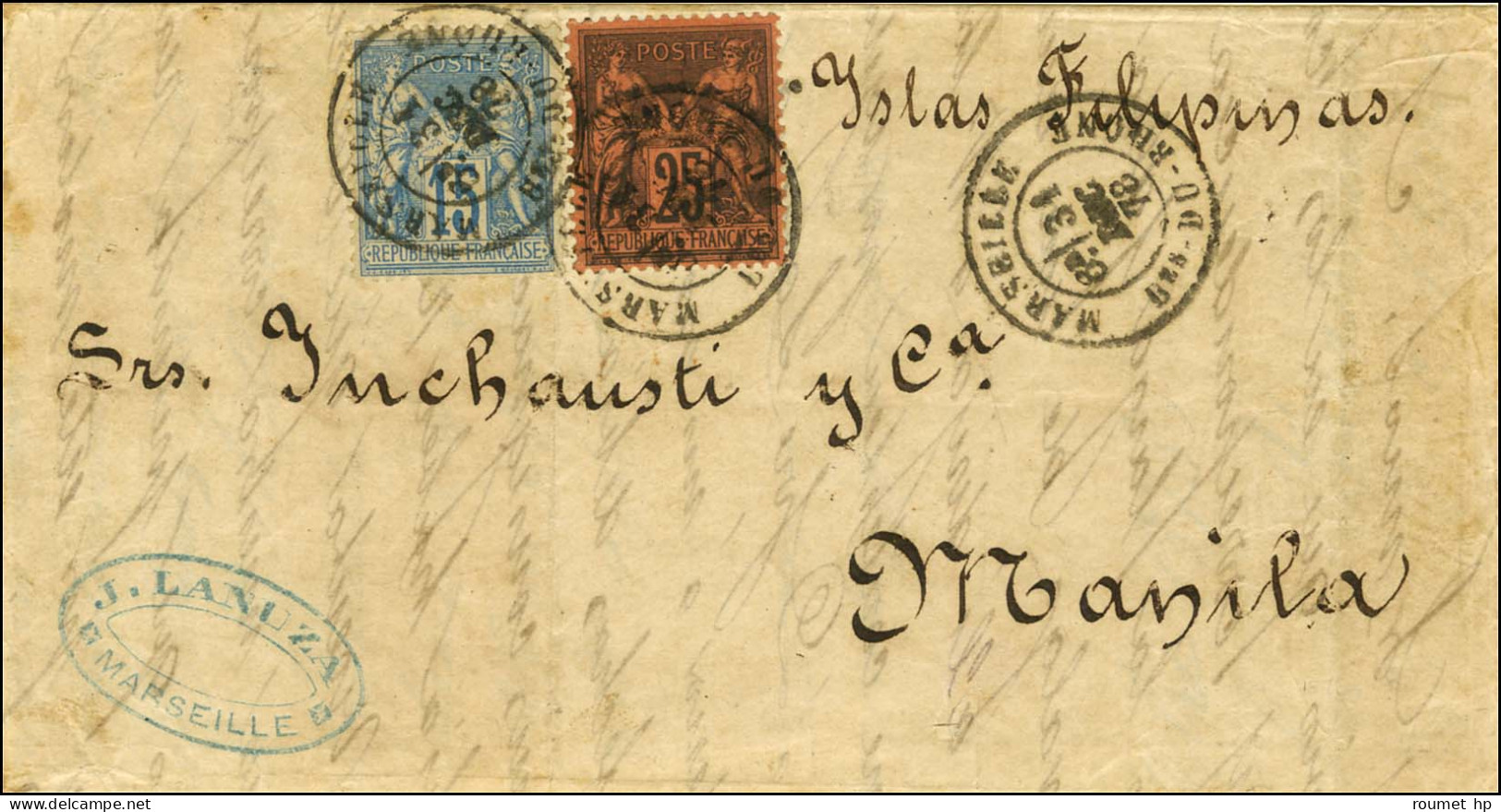 Càd MARSEILLE / N° 90 + N° 91 Sur Lettre Pour Manille. 1878. - SUP. - R. - 1876-1878 Sage (Type I)