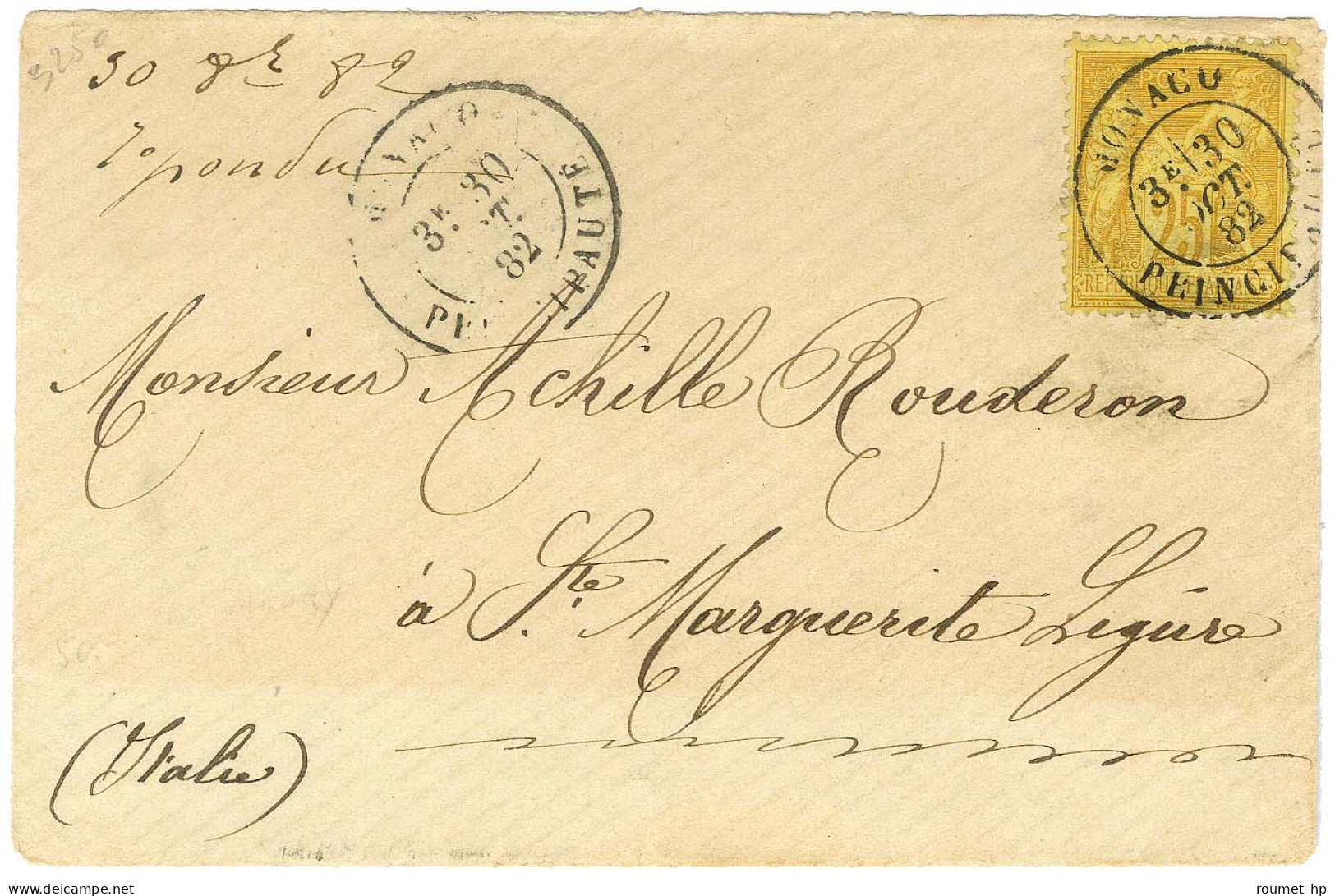 Càd MONACO / PRINCIPAUTE / N° 92 Sur Lettre Pour L'Italie. 1882. - TB / SUP. - R. - 1876-1878 Sage (Type I)