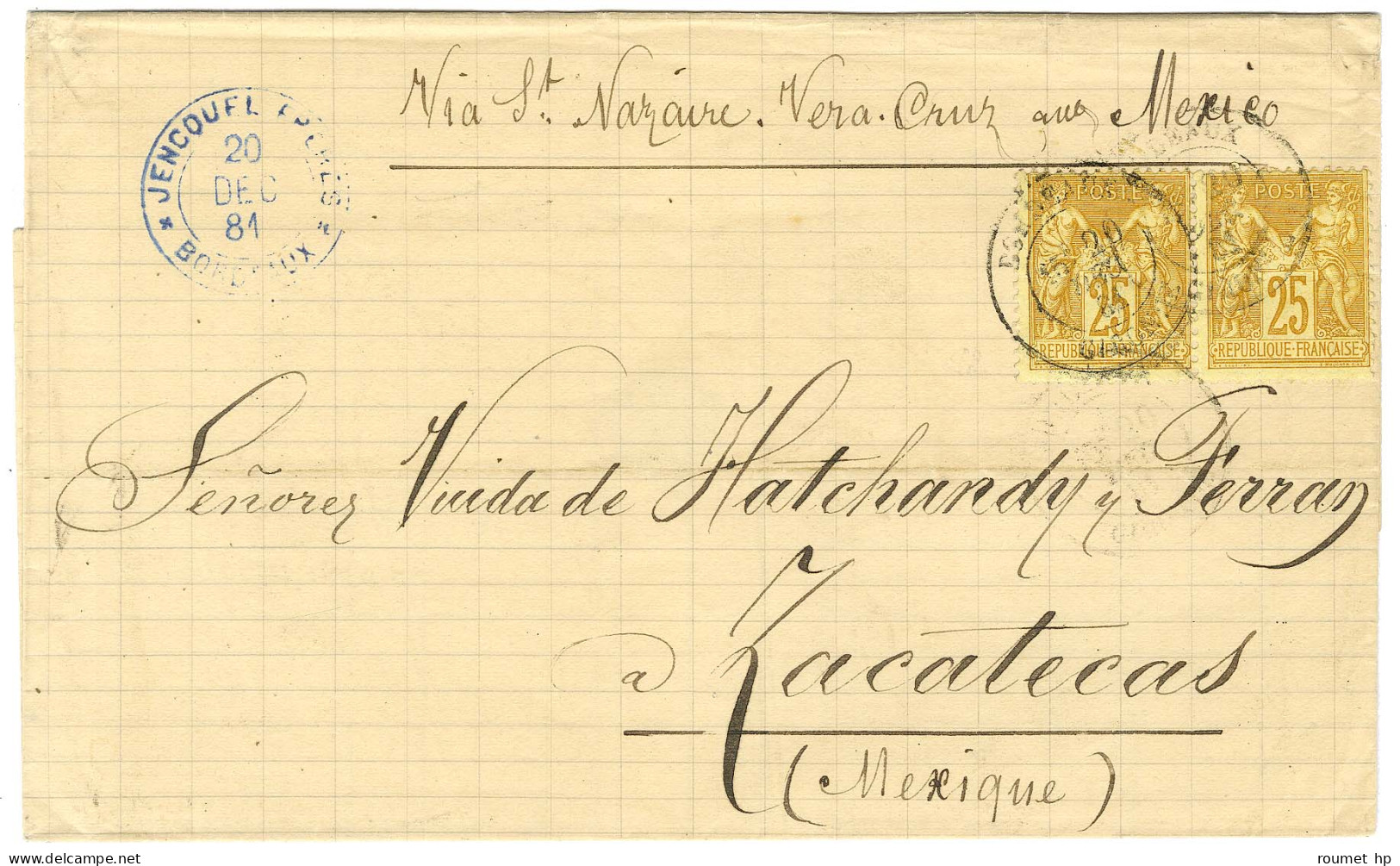 Càd T 18 BORDEAUX / GIRONDE / N° 92 Paire Sur Lettre Pour Zacatecas, Mexique. Au Verso, Càd D'arrivée VERA CRUZ. 1881. - - 1876-1878 Sage (Type I)