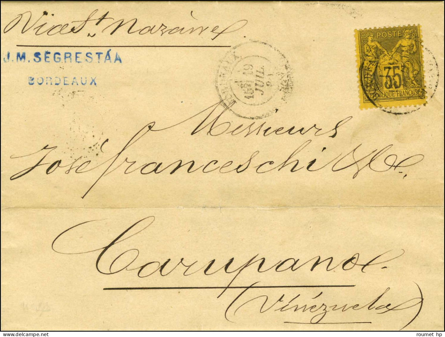 Càd BORDEAUX (32) 19 JUIL. 80 / N° 93 Sur Lettre Pour Carupano Au Tarif Du 1er Janvier 1880. Ce Tarif N'a Duré Que Du 1e - 1876-1878 Sage (Type I)