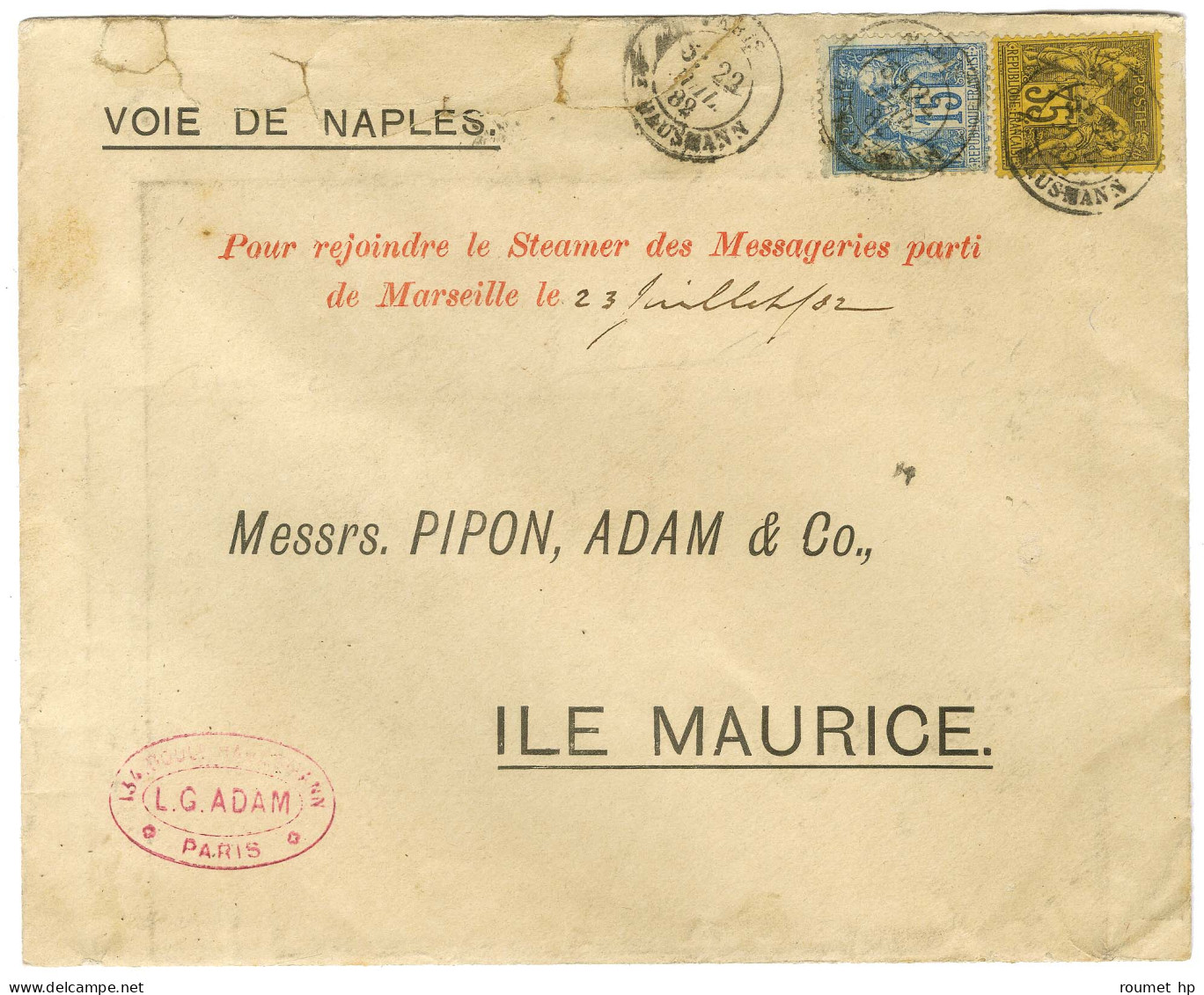 Càd PARIS / BT HAUSSMANN / N° 90 + 93 Sur Lettre Pour L'Ile Maurice. Au Verso, Càd D'arrivée. 1882. - TB. - 1876-1878 Sage (Typ I)