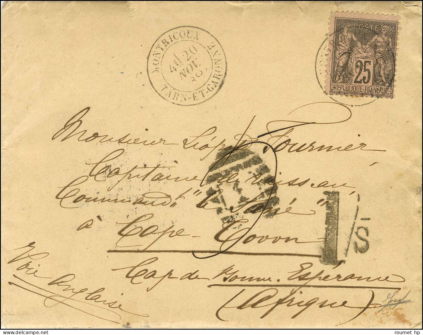 Càd T 18 MONTRICOUX / TARN ET GARONNE / N° 97 Sur Lettre Insuffisamment Affranchie Pour Le Cap De Bonne Espérance. Au Re - 1876-1878 Sage (Typ I)