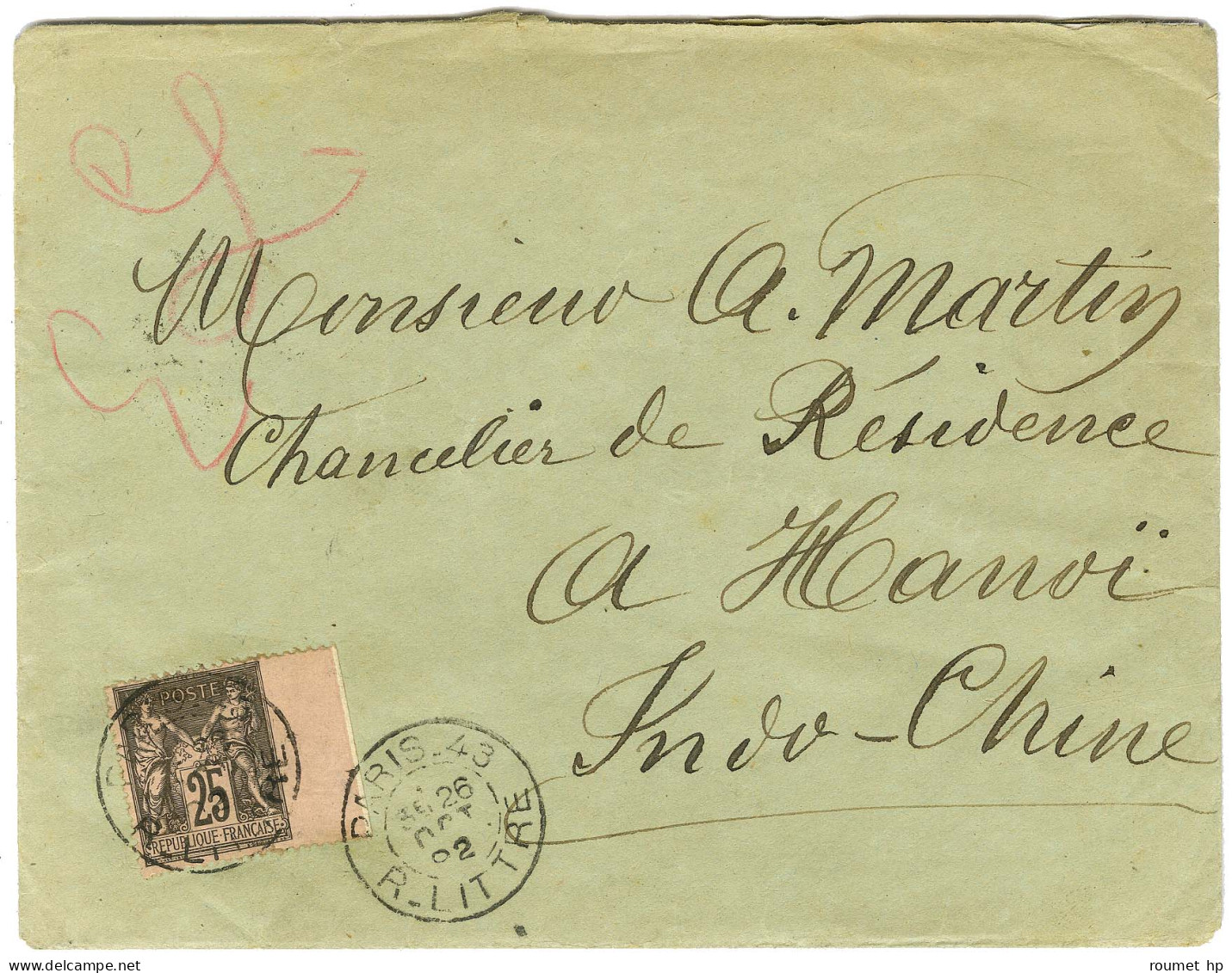 Càd PARIS 42 / R. LITTRE / N° 97 Bdf Avec Variété Marge Droite Non Dentelée Sur Lettre Pour HANOI. Au Verso, Càd D'arriv - 1876-1878 Sage (Typ I)