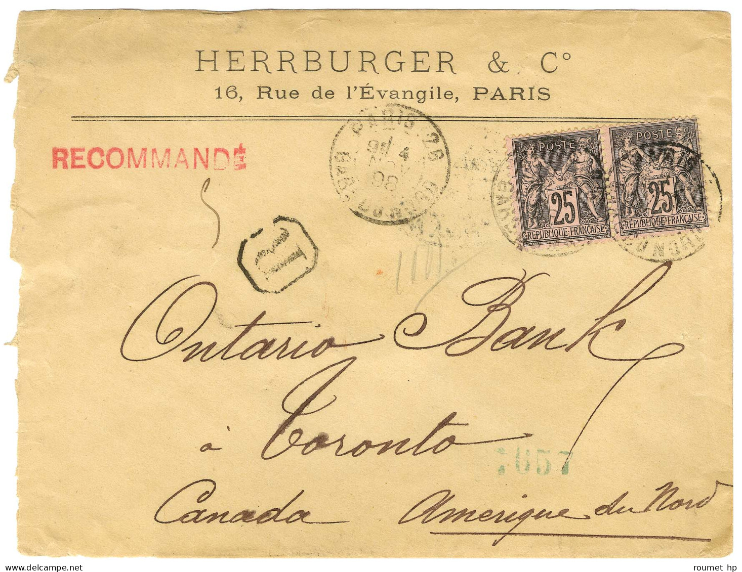 Càd PARIS 26 / GARE DU NORD / N° 97 Paire Sur Lettre Recommandée Pour Toronto. Au Verso, Càd D'arrivée. 1898. - TB. - 1876-1878 Sage (Type I)