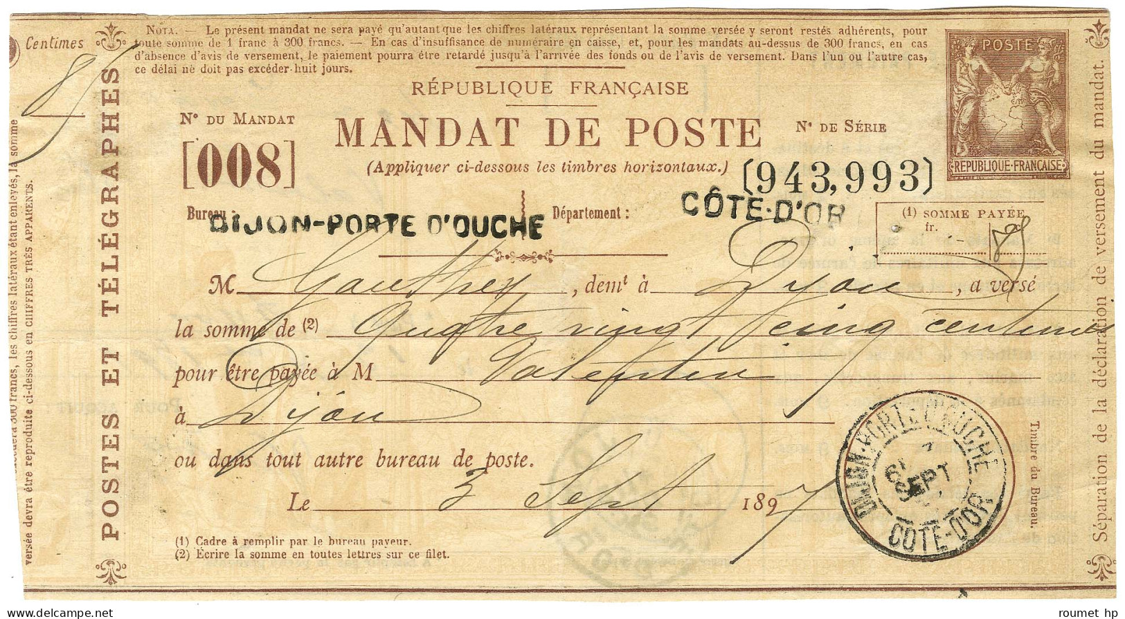 Càd DIJON Sur Mandat De Poste Daté Du 3 Septembre 1897. - TB. - 1876-1878 Sage (Type I)