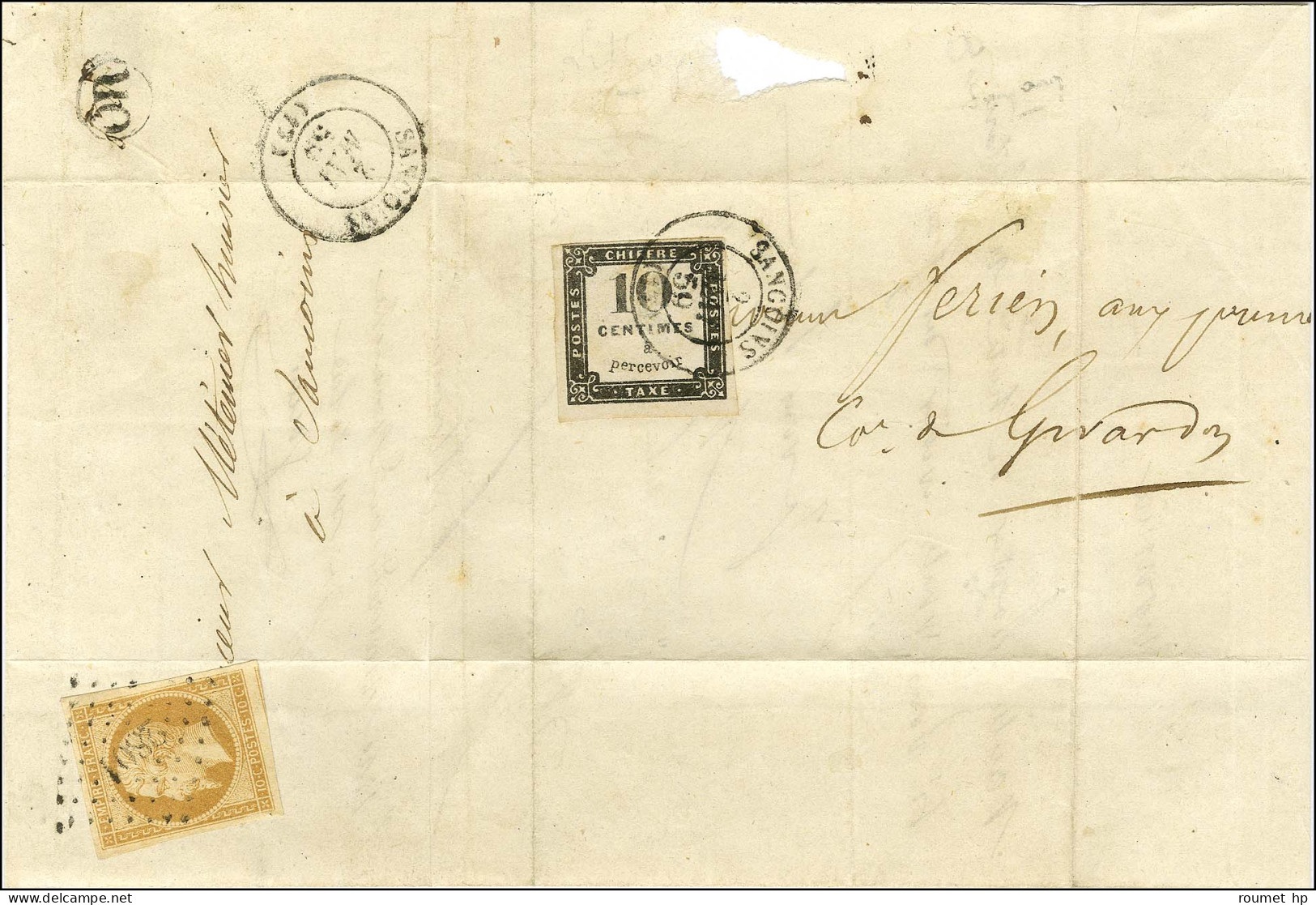 Càd T 15 SANCOINS (17) / Taxe N° 1 Sur Lettre Locale Retournée à Sancoins à L'aide D'un N° 13 Obl PC. 1859. - TB. - R. - 1859-1959 Lettres & Documents