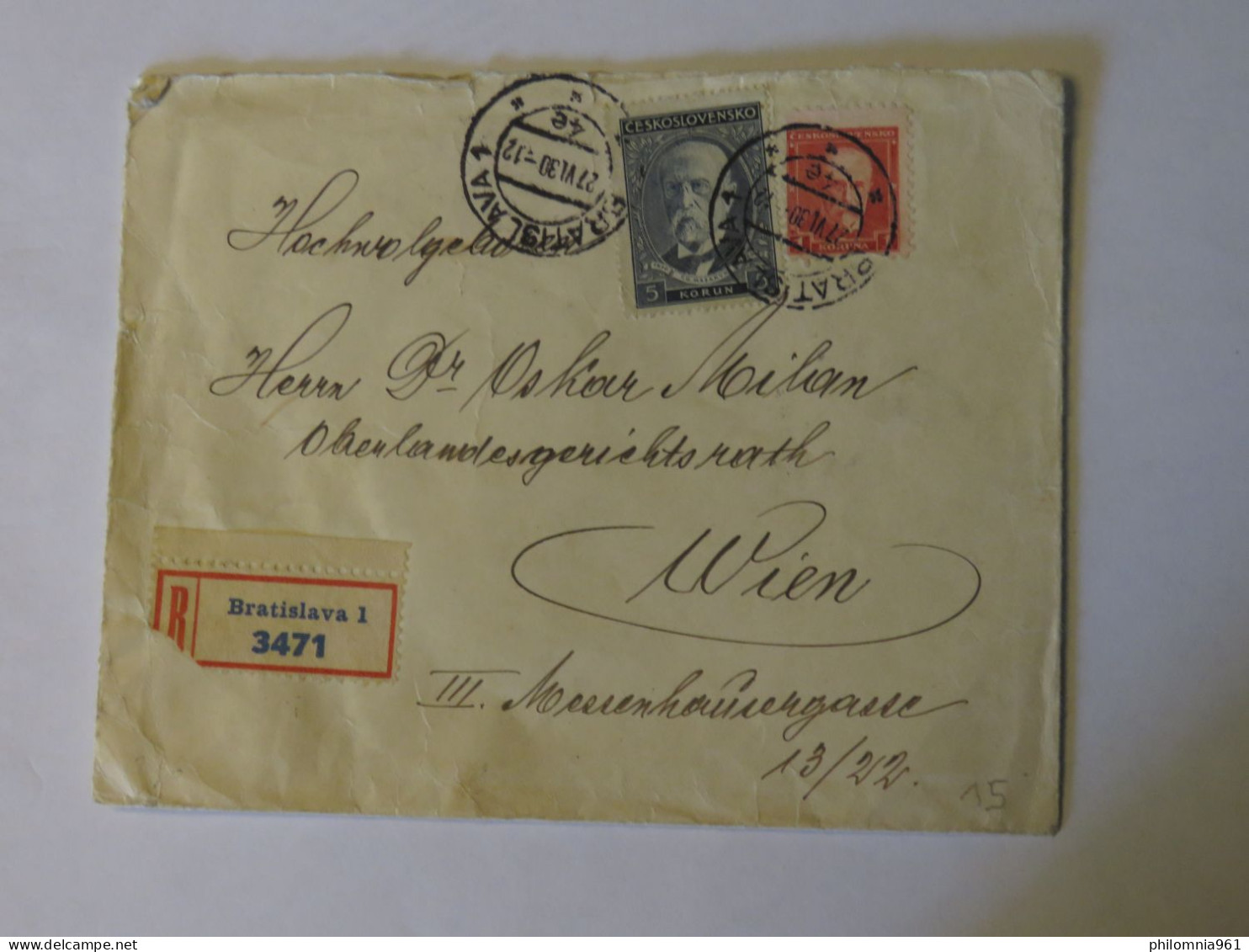 CZECHOSLOVAKIA REGISTERED COVER TO AUSTRIA 1930 - Gebruikt