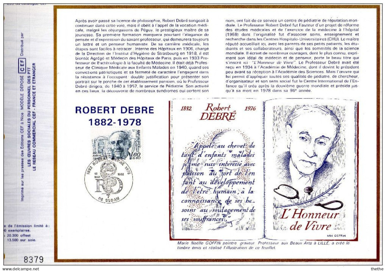 FRANCE - Robert DEBRE 1882-1978 - Pédiatre - N° 635 Du Catalogue CEF - 1980-1989