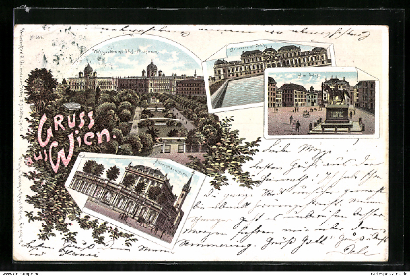 Lithographie Wien, Volksgarten Mit Hofmuseum, Belvedere Mit Teich, Partie Am Hof, Albrechtsbrunnen  - Autres & Non Classés