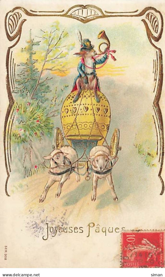 N°23719 - Carte Gaufrée - Joyeuses Pâques - Lapin Sonnant Dans Un Cor, Assis Sur Un Oeuf, Tiré Par Des Moutons - Pâques