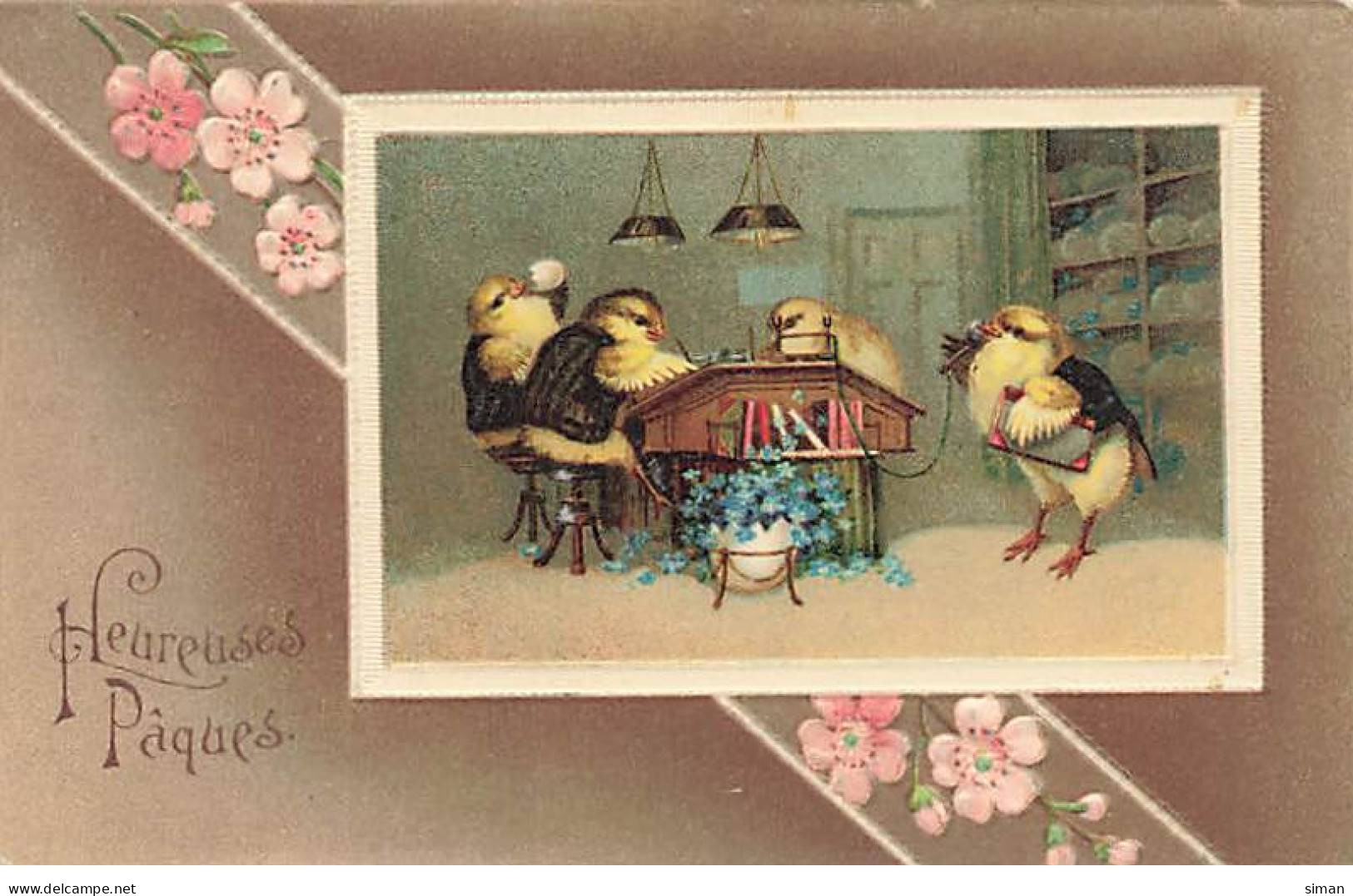 N°23757 - Carte Gaufrée - Heureuses Pâques - Poussins écrivant Dans Une étude - Pâques