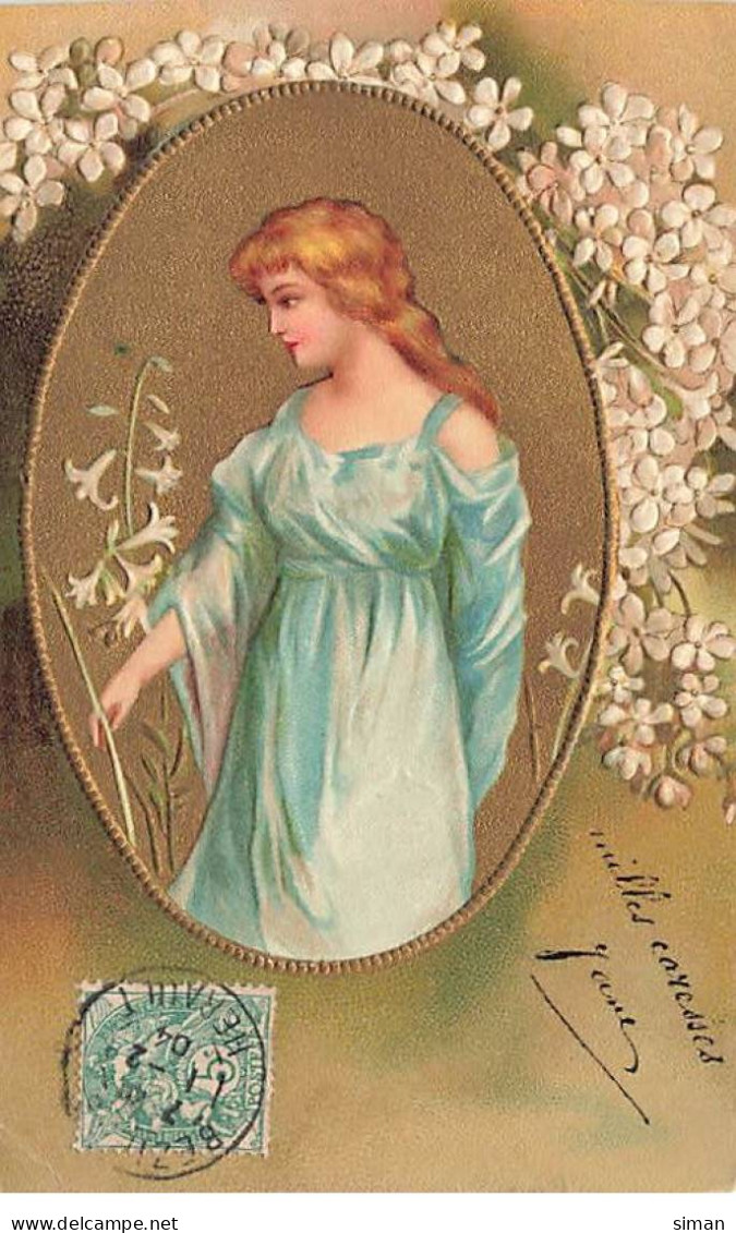 N°23796 - Carte Gaufrée - Clapsaddle - Jeune Fille Au Milieu De Fleurs, Dans Un Médaillon  - Frauen